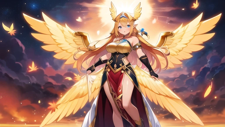 best quality)), ((masterpiece)), (detailed), Perfect body,Full body shot,Close-up of a woman wearing a golden costume with wings, Angel Gold Armor, majestic angel, angel knight girl, Final Fantasy Tactics Characters, mystical atlantean valkyrie, as a Mysterious Valkyrie, Blazing Angel, Maple Leaf Story Character Art, With blazing golden wings, Golden Wings, April renderings, Mysterious Valkyrie, Close-up of a woman wearing a golden costume with wings, Concept art inspired by PwC, pixiv, Baroque, Angel Gold Armor, majestic angel, angel knight girl, Final Fantasy Tactics Characters, mystical atlantean valkyrie, as a Mysterious Valkyrie, Blazing Angel, Maple Leaf Story Character Art, With blazing golden wings, Golden Wings, Battle with orcs,Photographic lenses,Ultra wide-angle lens,First person,