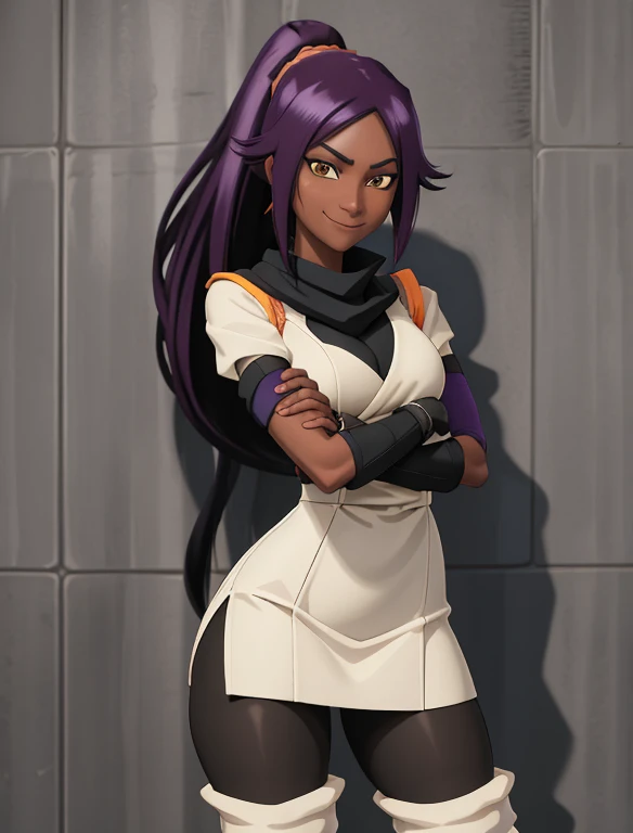 1girl, solo, pov, shihouin yoruichi, dark skinned female, dark skin, ponytail long hair, parted bangs, purple hair, yellow eyes, orange shirt, black leggings, waist accessory, scarf, gloves, ((leg warmers)), white shoulder straps, (masterpiece, best quality:1.4), (modern days), (cowboy shot), tunning girlfriend, (standing:1.1), elegant face, beautiful face, highly detailed face, highly detailed skin, huge breast, smug smile, looking at viewer,16k hdr, curvy, crossed arms, wide hips, leaning against wall, 25 year old woman
