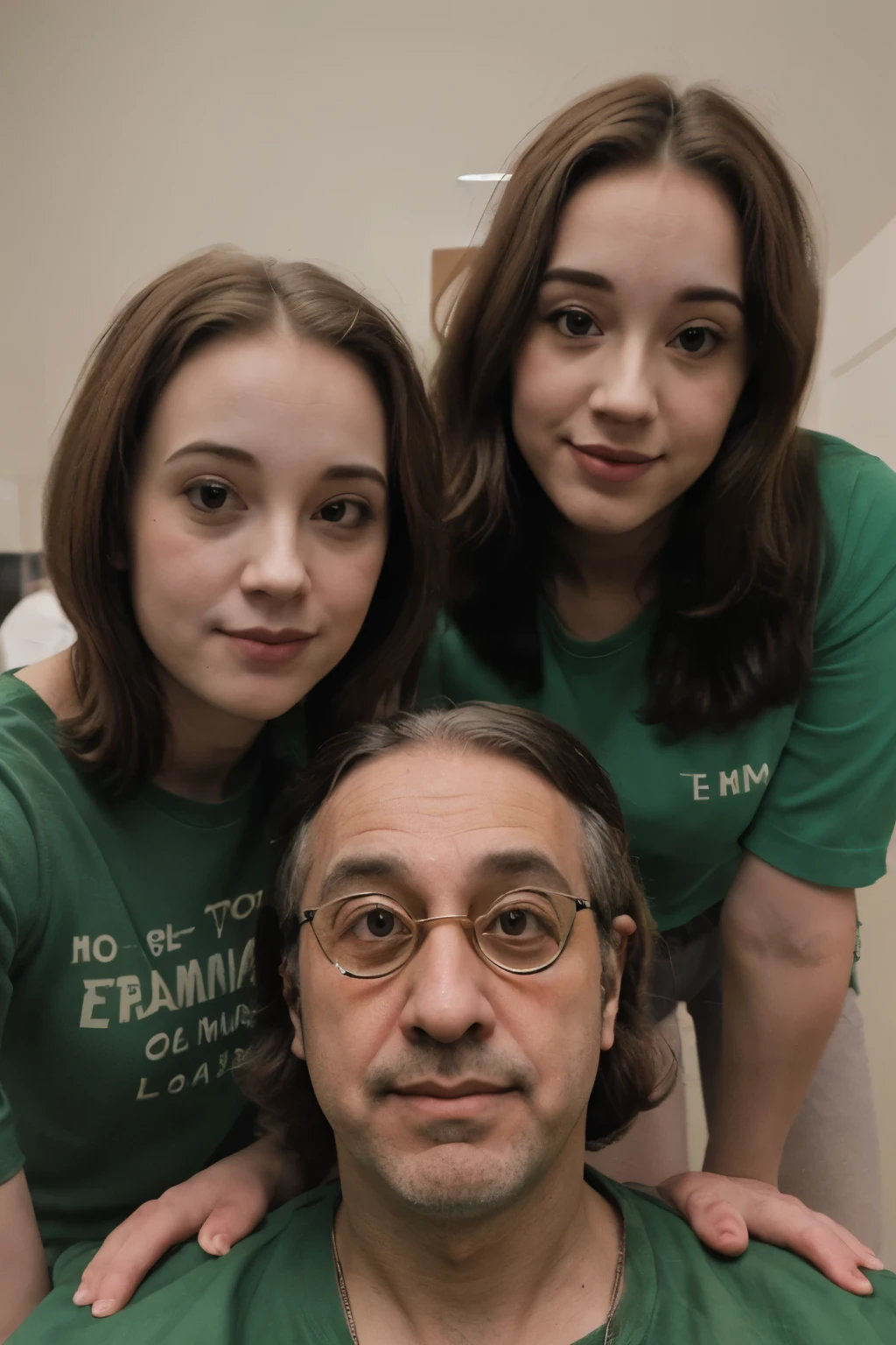 (homem alto) (loiro) (olho verde) (camisa escrita FC) (with two donkeys behind) (forma de logotipo) ((duas mulheres do lado, uma de cabelo preto com franja e uma de cabelo marrom)

