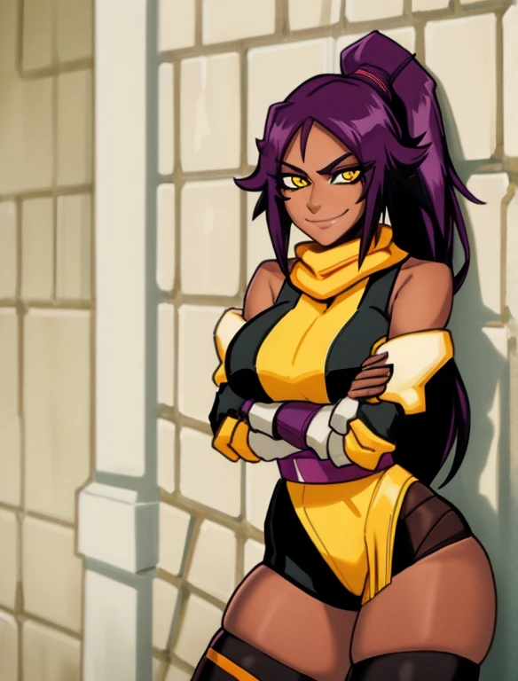 1girl, solo, pov, shihouin yoruichi, dark skinned female, dark skin, ponytail long hair, parted bangs, purple hair, yellow eyes, orange shirt, black leggings, waist accessory, scarf, gloves, ((leg warmers)), white shoulder straps, (masterpiece, best quality:1.4), (modern days), (cowboy shot), tunning girlfriend, (standing:1.1), elegant face, beautiful face, highly detailed face, highly detailed skin, huge breast, smug smile, looking at viewer,16k hdr, curvy, crossed arms, wide hips, leaning against wall, 25 year old woman
