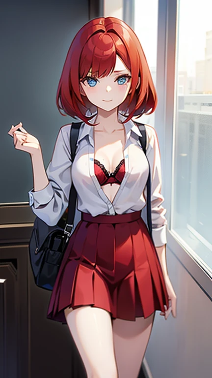 An anime girl with red hair and blue eyes wearing a skirt and an open shirt revealing a black and red bra