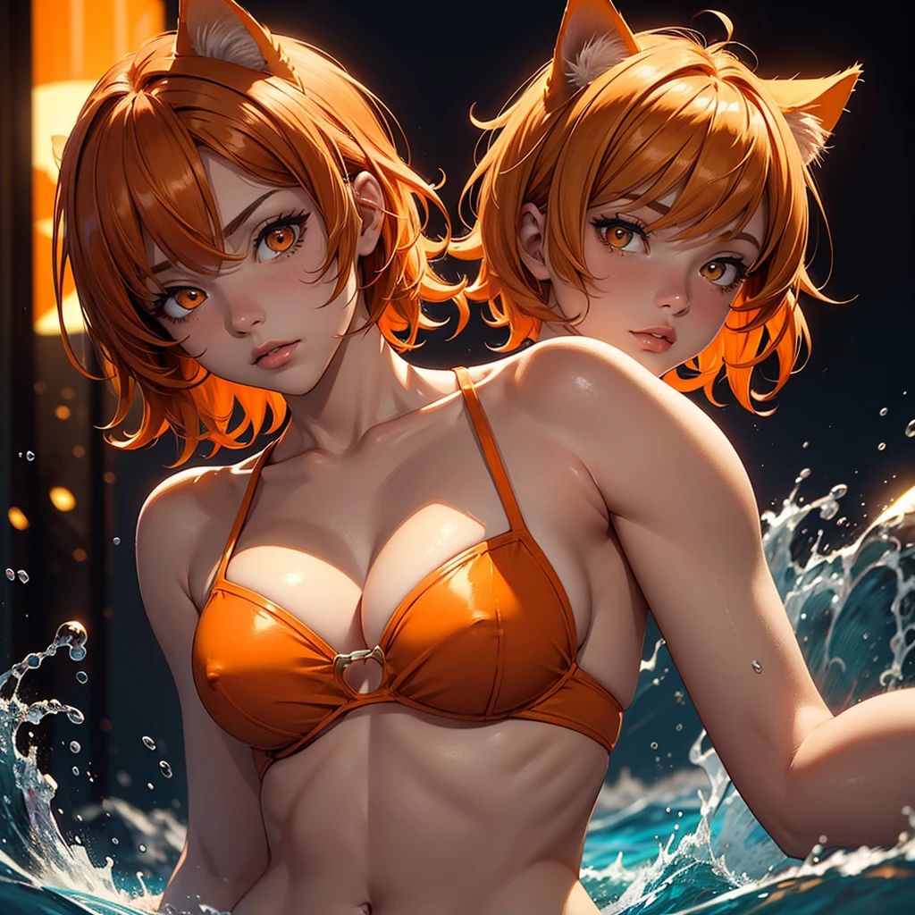 (high resolution, upper body, soft skin:1.2, orange short hair),(best illustration,masterpiece:1.2),ultra-detailed,[(cat ears , orange inside:1.2, orange eyes),vivid colors,sharp focus,portrait,studio lighting,bokeh, wearing a 2 piece zebra bikini, midnight beach background, spotlight in background, splashing in the water 