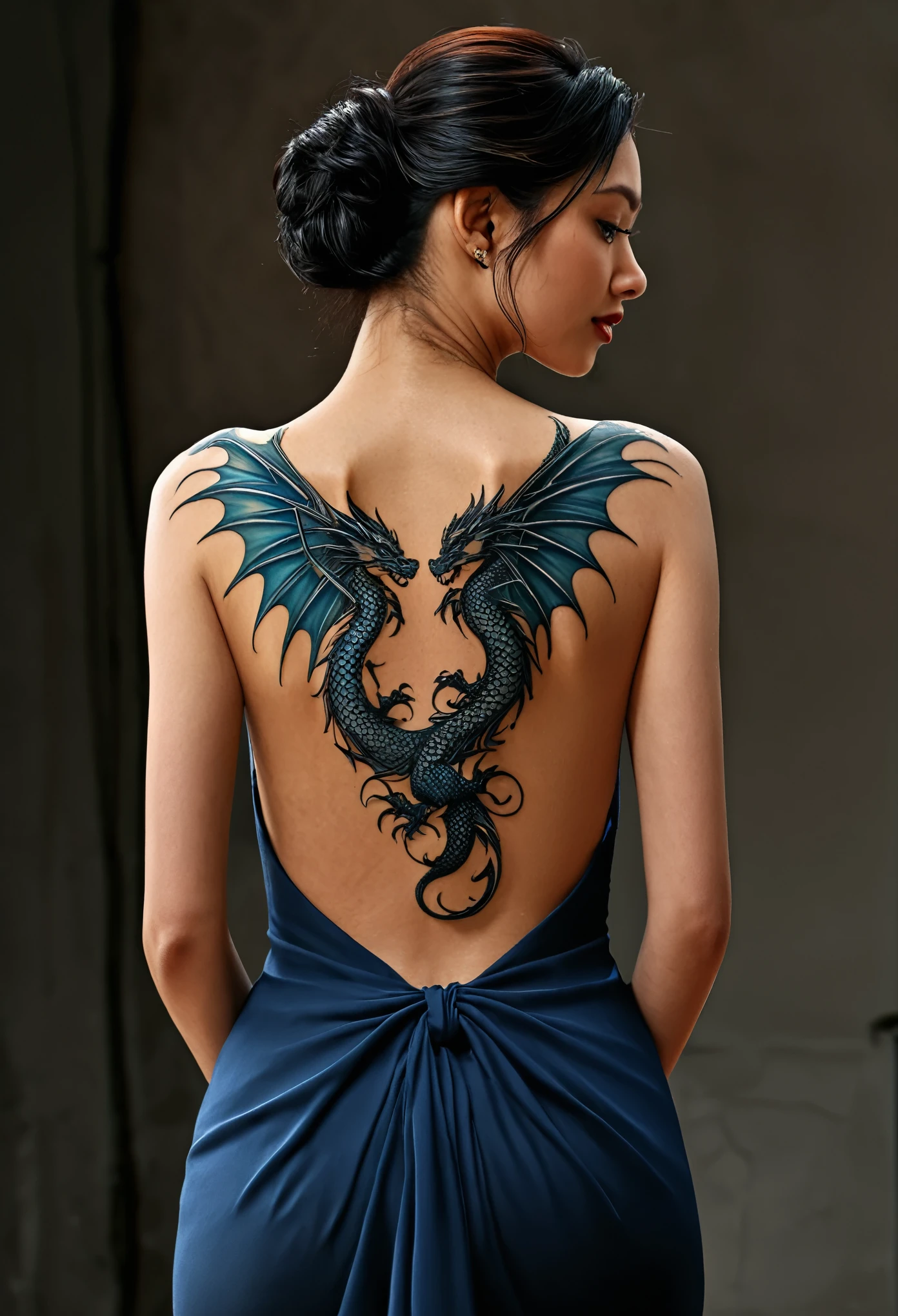 beautiful woman, perfect body shape, back view, upper body shot, ((big dragon tattoo on back)), ((wearing backless dress)), ultra-detailed,(realistic,photorealistic,photo-realistic:1.37),detailed skin(best quality,4k,8k,highres,masterpiece:1.2),