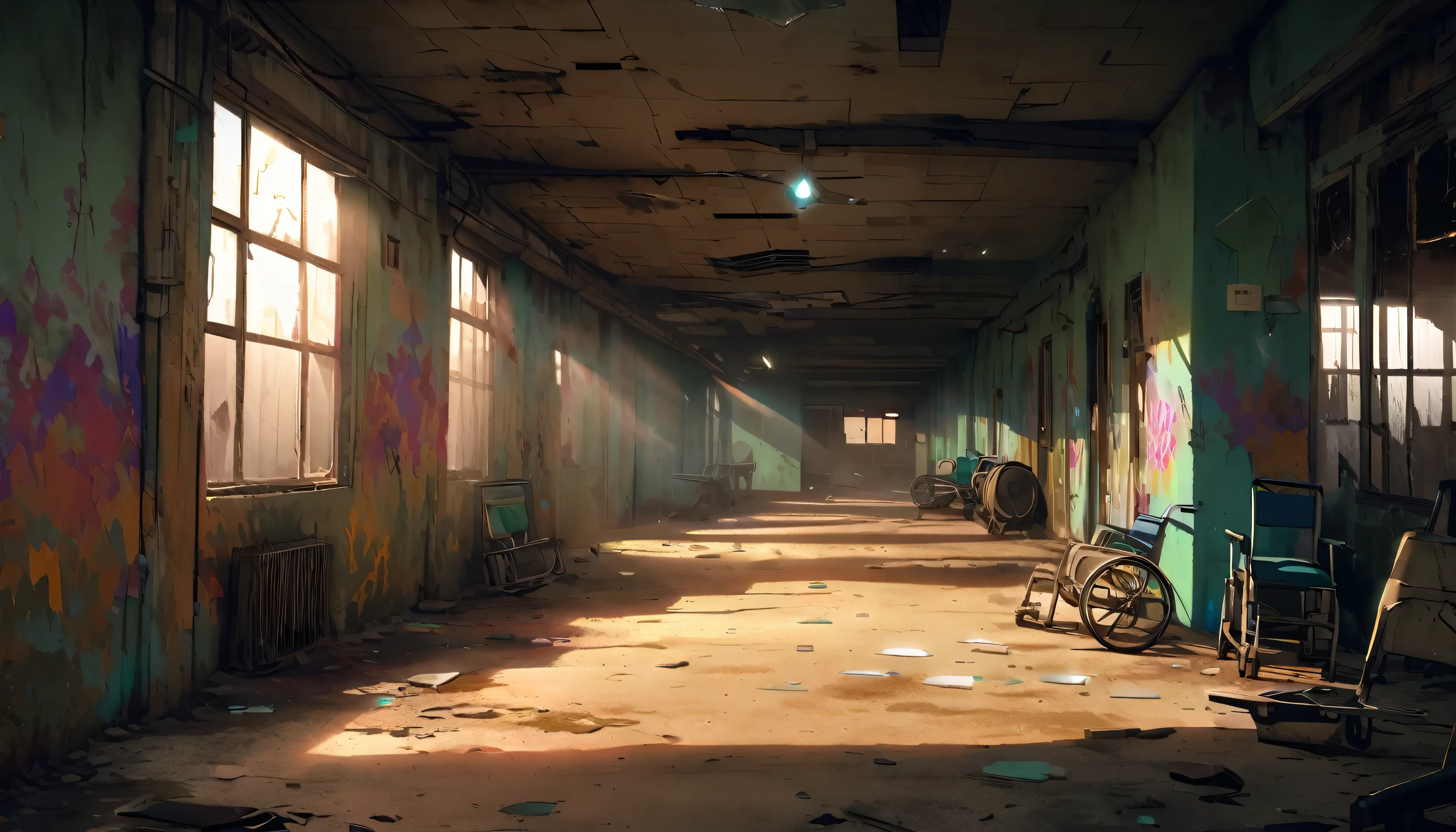 dark - comic-style:post-apocalyptic wasteland,torn hospital gown, dirty and worn-out environment, broken windows, flickering lights, dilapidated medical equipment, graffiti-covered walls, shattered glass,lots of shadows, dramatic lighting, desaturated colors, empty hallways, abandoned wheelchairs, eerie silence.