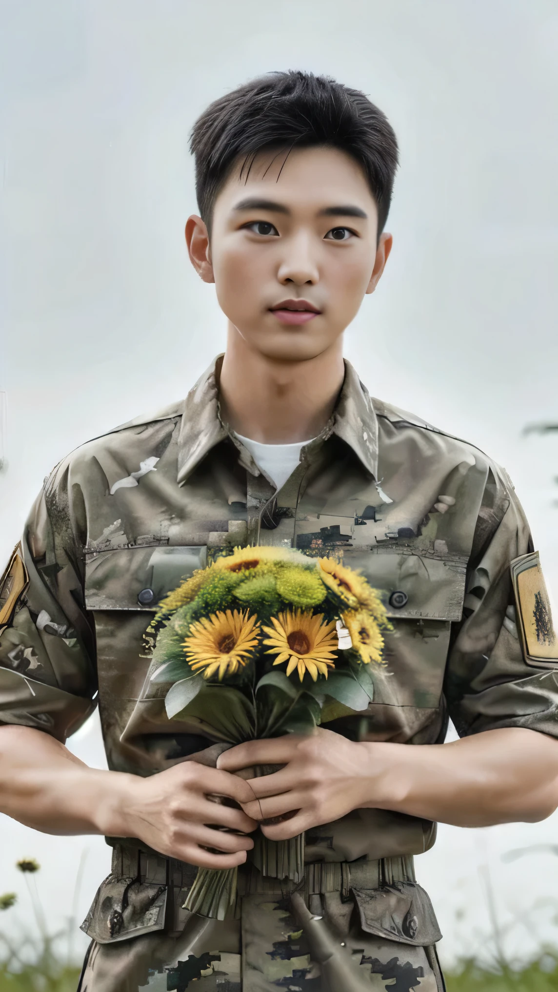 8k, (masterpiece), best quality, 2d, Brother Bing,Wear training uniform，Wearing a hat，Wearing a full set of military green camouflage uniforms, No background, Upper body unobstructed photos，Green Clothing，Southeast Asian Soldiers，Frontal orientation，Holding flowers，Happy Mother's Day，
