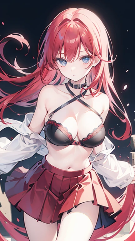 An anime girl with red hair and blue eyes wearing a skirt and an open shirt revealing a black and red bra