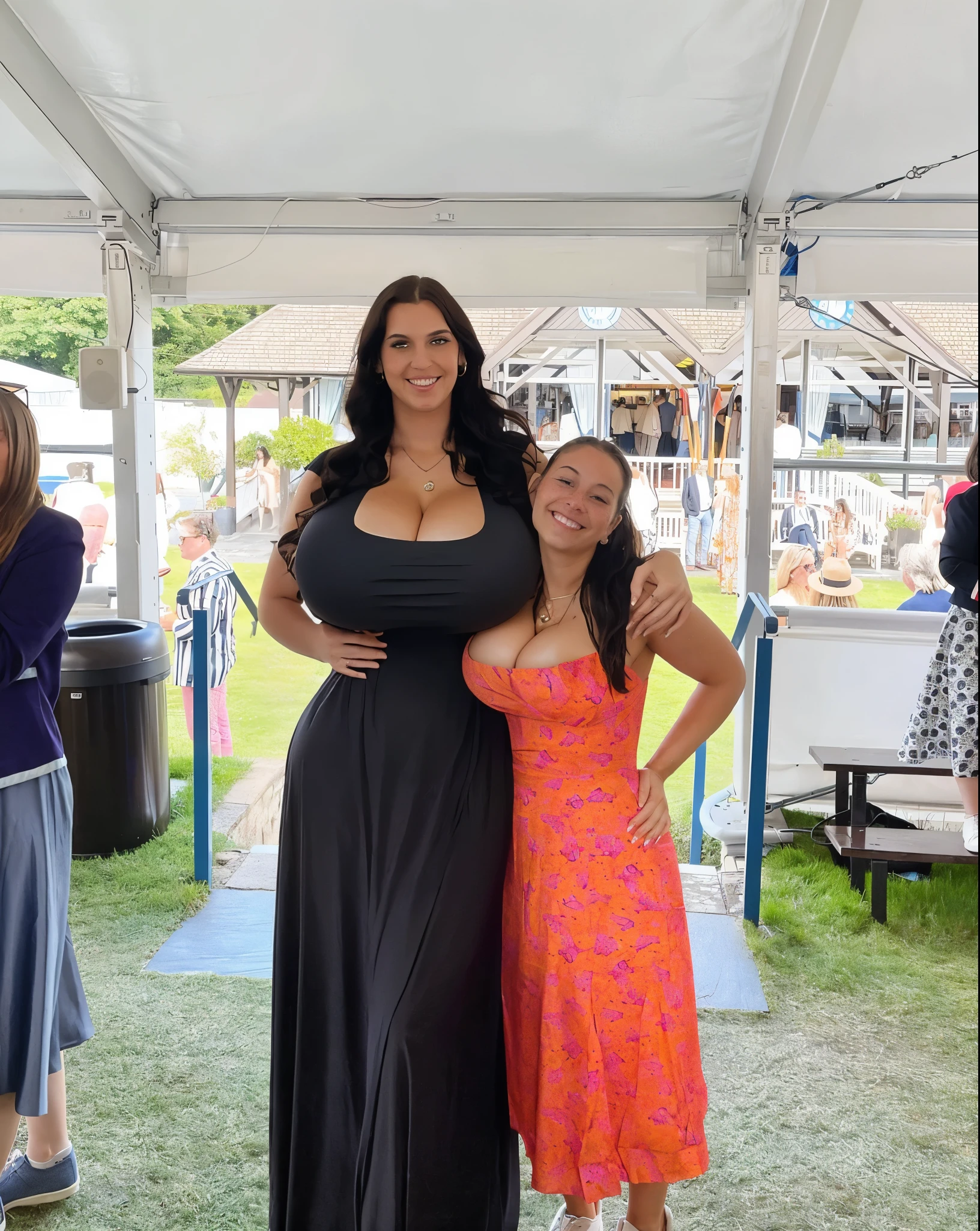 cleavage, plain dress, (big giant enormous oversized massive huge colossal breasts:1.5), (gigantic sagging breasts:1.5), symmetric breasts, (extremely very long full big wavy hair)