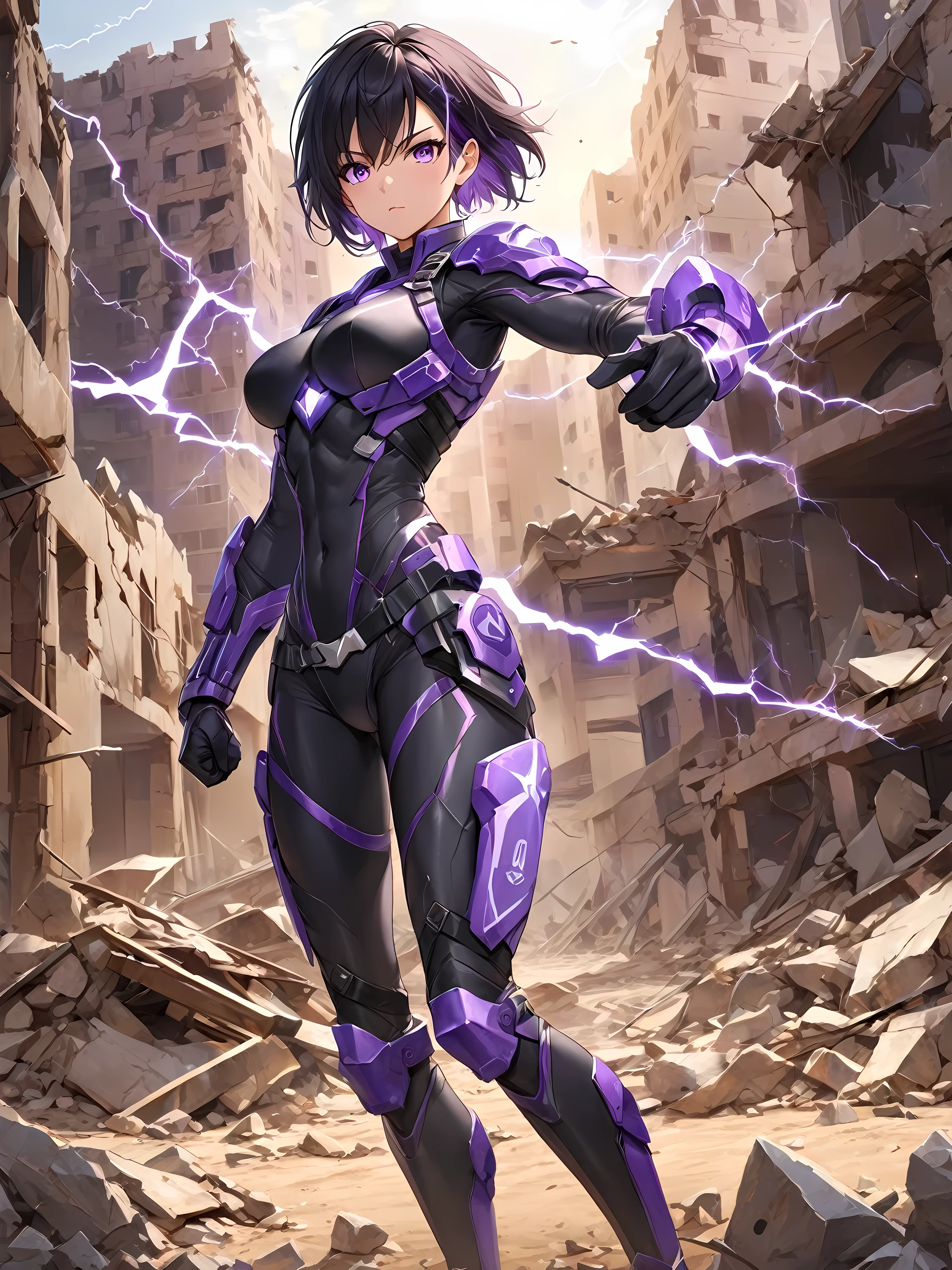 Single tomboy mature smart, strong and sexy, stance ready to fight, short black hair, sharp eyes with beautiful purple pupils, wearing black gloves, wearing strong tactical battle cloth colours black and purple, amidst the rubble of collapsed buildings in the desert, full body, perfect anatomy body, perfect shape body, perfect face, perfect eyes, perfect fingers, perfect shadow, perfect lightning.