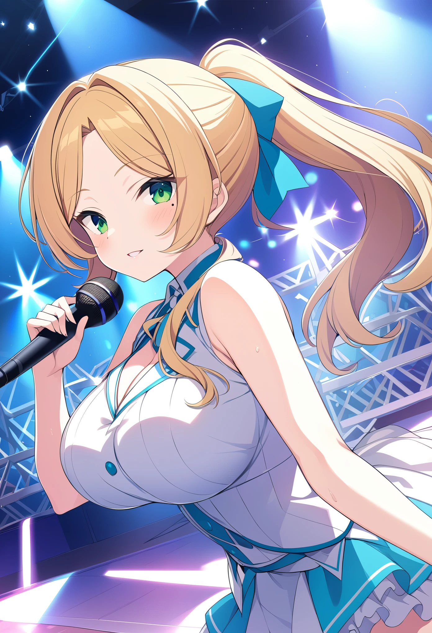 KANZAKIMIKOTO, BLONDE HAIR, ponytail, HAIR INTAKES, parted bangs, long hair, green eyes, mole under eye, 16years old,, large breasts,, Live Stage, solo,