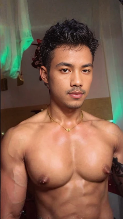 hyper realistic oil painting of a male, age 18, handsome indonesian men, face gill ofarim young,wear rope harness, two large wings, [by Alphonse Mucha: john william waterhouse: Charles Dana Gibson: charlie bowater: 0.6], natural red lips, small moustache, fierce look, fit body, bare chest, puffy_nipples, erect_nipples, detailed face, detailed physique, abdominal muscles, well built bodybuilder, macho, oily body, detailed feathers, wear gold head band, gold shoulder band, gold necklace, gold crown, wear g-string, hair bund, long-haired, Real texture, sarong batik, sharp focus, highly detailed, artstation, cgsociety, bokeh background in the pond garden full of rose flower, decorative art deco, symmetrical, acurate, 16, rococo style, character design, cinematic lighting, drop shadow, blending, backlighting, glowing light, sparkle, depth of field, reflection light, high detail, best quality, masterpiece, super detail, high details, uhd, highres, textured skin, anatomically correct, award winning,