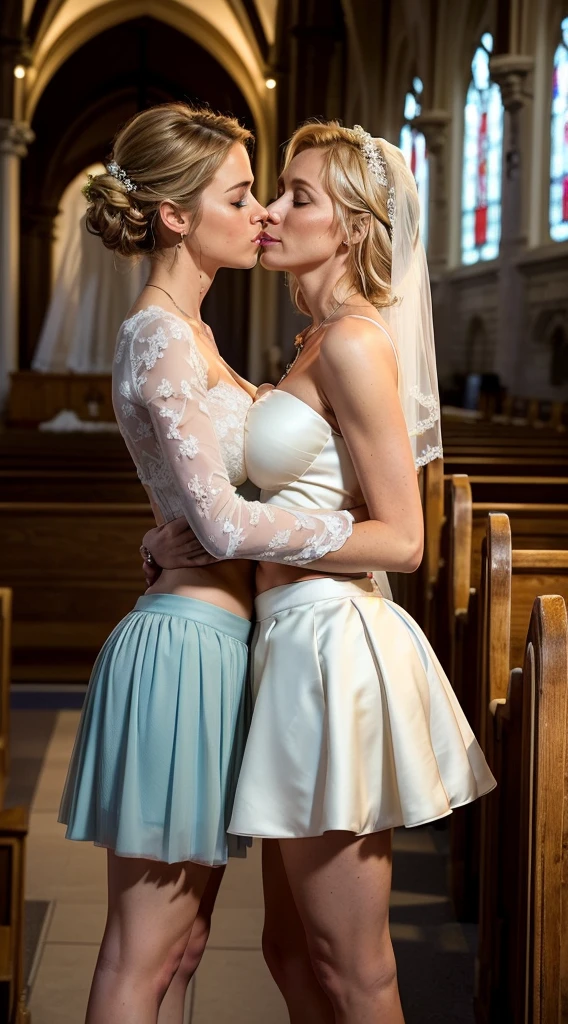 A mother and her 15 year old daughter, blonde hair, children's pigtails hair, hair ribbon, Caucasian facial structure, crying, dog collar, she is wearing a sheer tight wedding dress, visible nipples, marked nipples, she is chained in a church, spreading her legs, kissing