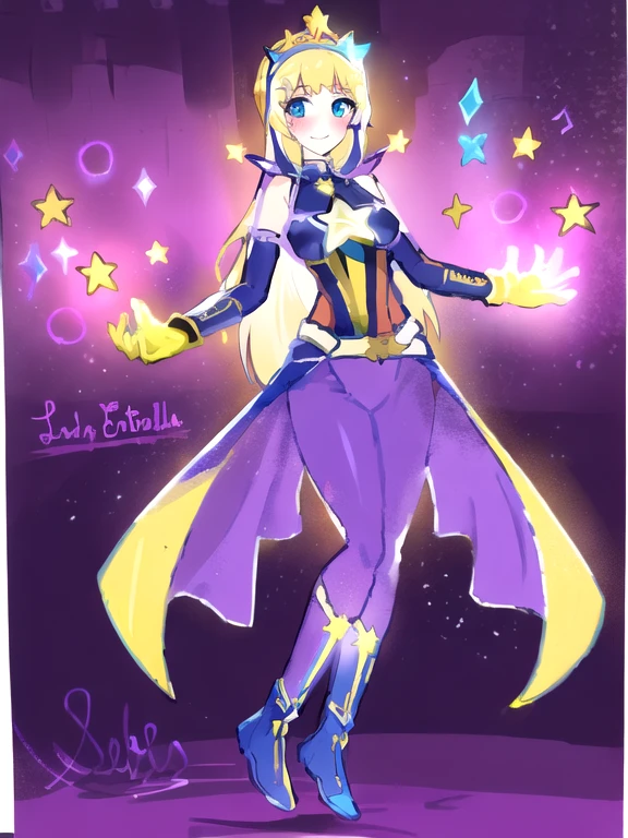 un dibujo de una mujer disfrazada con una capa y una estrella, inspirado en Li Chevalier, Inspired by Star Guardian, celda sombreada!!!, celda sombreada!!!, la galaxia marinera. Hermoso, fanart exquisito muy detallado, Hermoso celestial mage, bruja del cielo, like a retro futuristic heroine, inspirado en marinero luna, portrait of an anime heroine, ethereal astral, 1 girl, Full body, 19 years old, White skin, Smiling face, Blue eyes, Star shaped tiara, Arms outstretched, Arms behind waist, Masked face, Eye mask, Superhero mask, blue mask, Blushing, Blonde hair, Straight hair, Long hair, Bangs, 2 star clips on the sides of hair, Full body, Medium breasts, Slim body, Hands with yellow stars on them, Wrist bands, Long yellow gloves, Purple gloves, Superhero costume, Superheroes, Full body entirely yellow suit, With a big yellow star in the center, Star emblem, Somewhat tight, Long yellow cape on waist, Red belt, Thighs with tights purple, purple boots, flying, city background, anime, note that says Lady Estrella