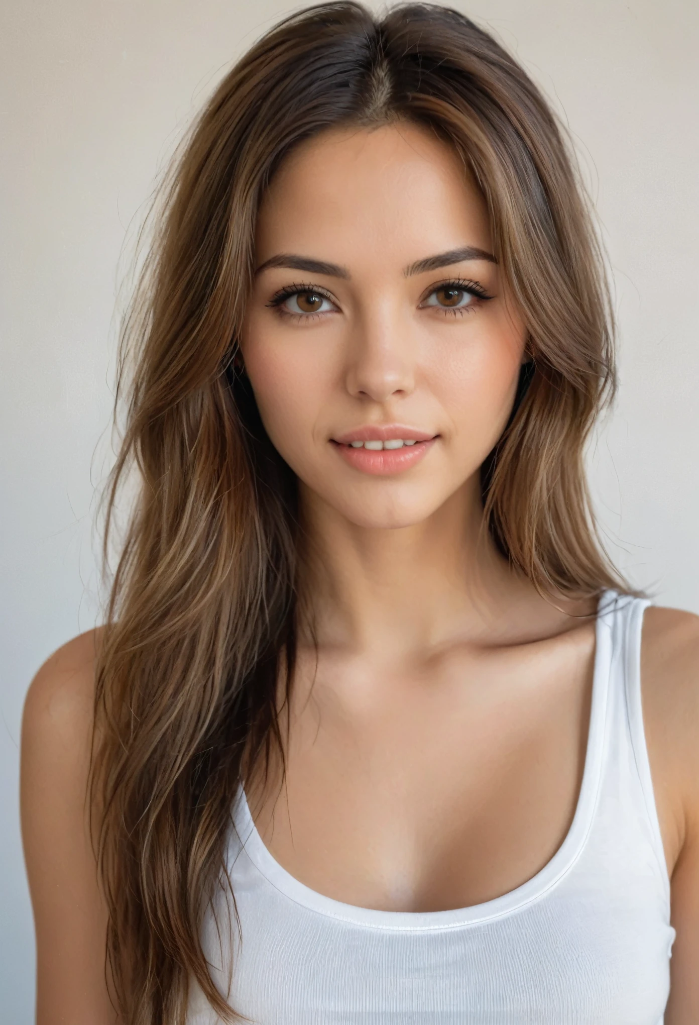 hyper realistic,,aqheodd, realistic style, a woman with long hair and a white tank top, 1girl, solo, long hair, looking at viewer, brown hair, shirt, brown eyes, white shirt, upper body, parted lips, teeth, lips, portrait, realistic, detailed, intricate, elegant, light, sharp focus, beautiful, stunning, highly endowed