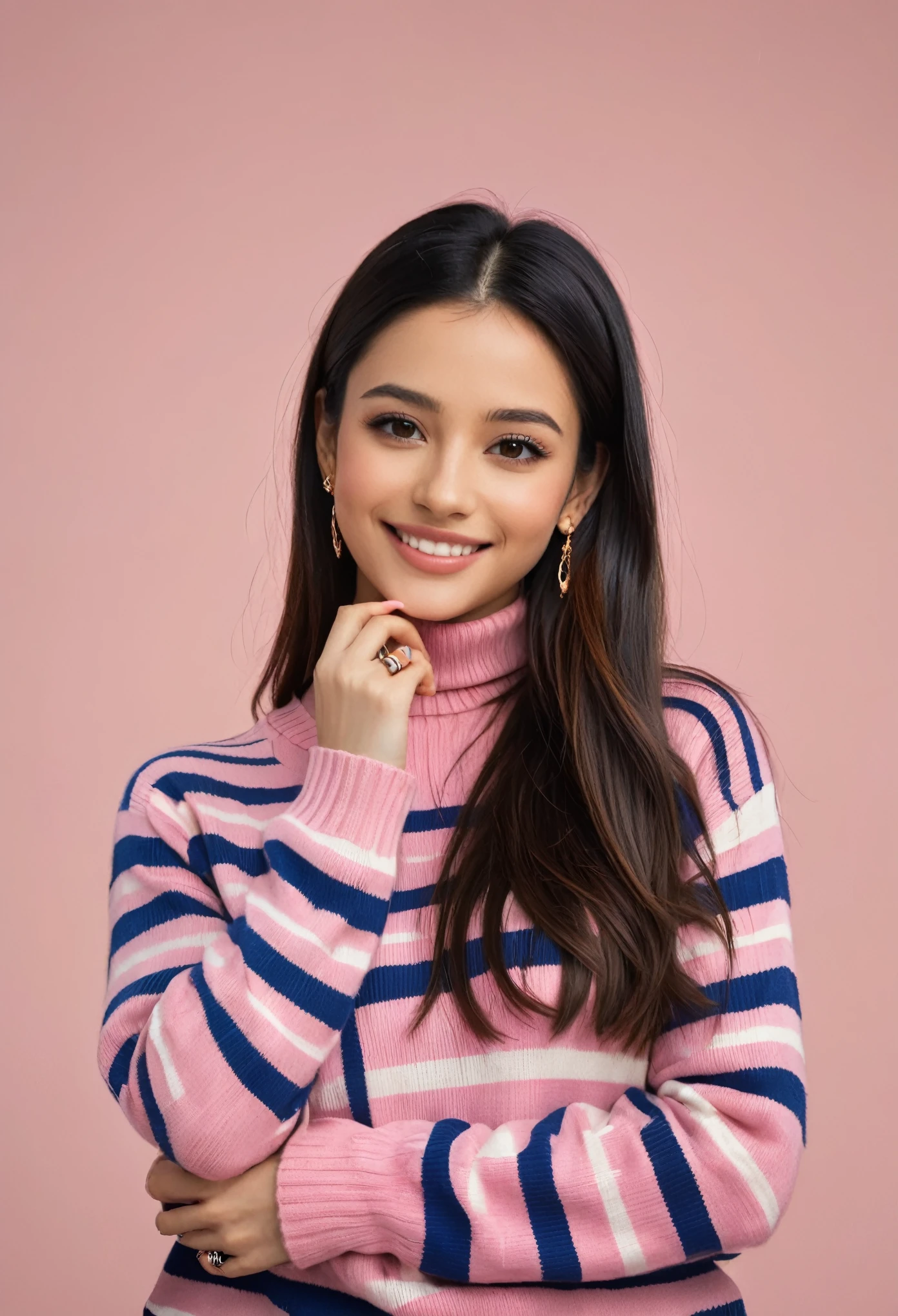 hyper realistic,,aqheodd, realistic style, a woman with long hair and a striped sweater, 1girl, solo, long hair, looking at viewer, smile, black hair, brown eyes, jewelry, closed mouth, upper body, earrings, striped, nail polish, bracelet, sweater, lips, turtleneck, traditional media, pink nails, striped shirt, realistic, highly detailed, cinematic, silent, precise, very cool, nice, artistic, elegant, intricate, beautiful, color, illuminated background, light, sharp focus, extremely coherent, deep clear, pretty, innocent, enhanced, rich, cute, iconic, exquisite, vibrant, epic, full creative, perfect composition, colorful, great, fine, luxury, marvelous, awesome