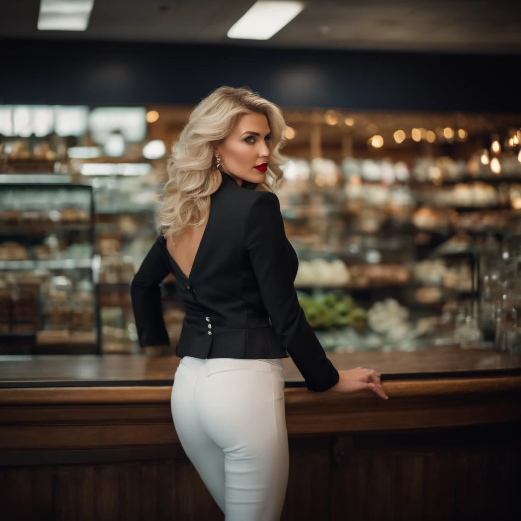 a blonde with short, wavy hair, green eyes, red lips,
((huge round breasts standing up)) wide hips. wearing a black jacket, white pants, white shirt, top hat and high heels. standing in a store full body photo