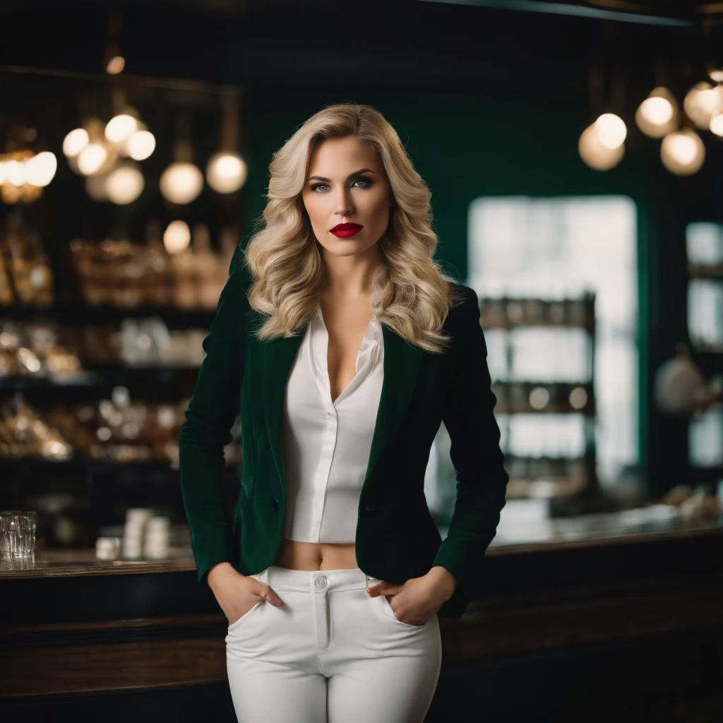 a blonde with short, wavy hair, green eyes, red lips,
((huge round breasts standing up)) wide hips. wearing a black jacket, white pants, white shirt, top hat and high heels. standing in a store full body photo