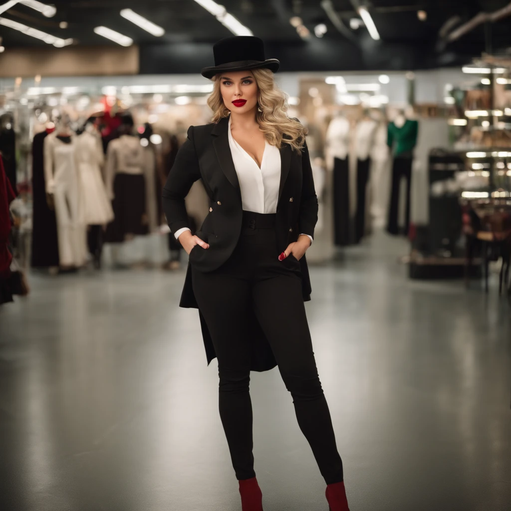 a blonde with short, wavy hair, green eyes, red lips,
((huge round breasts standing up)) wide hips. wearing a black jacket, white pants, white shirt, top hat and high heels. standing in a store full body photo