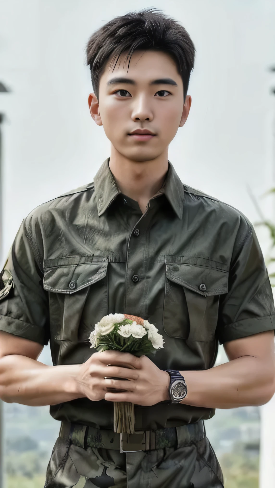 8k, (masterpiece), best quality, 2d, Brother Bing,Wear training uniform,Wearing a hat,Wearing a full set of military green camouflage uniforms, No background, Upper body unobstructed photos,Green Clothing,Southeast Asian Soldiers,Frontal orientation,Holding flowers,Happy Mother's Day,