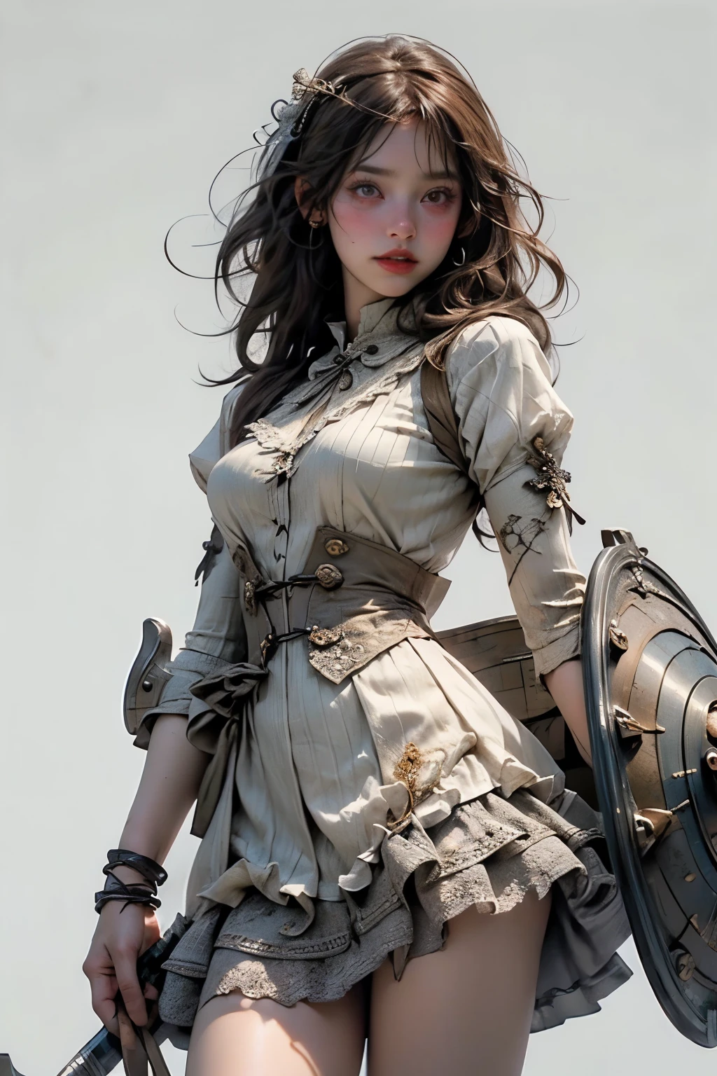 ((best quality)), ((masterpiece)), (detailed), perfect face ((best quality)), ((masterpiece)), (detailed), blank white background, plain background, white background, Bloodborne inspired, occult aesthetic, occult, detailed and intricate steampunk and detailed gothic, (zentangle, mandala, tangle, entangle), NSFW, torn clothing, Very dramatic and cinematic lighting, cosmic horror, grim-dark, side-lighting, perfect face, a beautiful goddess adorned and enshrined in armour, Bloodborne inspired , occult aesthetic , occult , detailed and intricate steampunk and detailed gothic , wielding a sword and holding a shield, NSFW, Fluttering lace flared short dress with frilly petticoats, knee length dress, pleated petticoats, lolita dress, petticoats gothic lolita, side-lighting, gothic lolita aesthetic, beautiful small breasts, small breasts, full body, whole body, body, plain background, white background, blank background, no background, white background NSFW, full body, whole body, head-to-toe