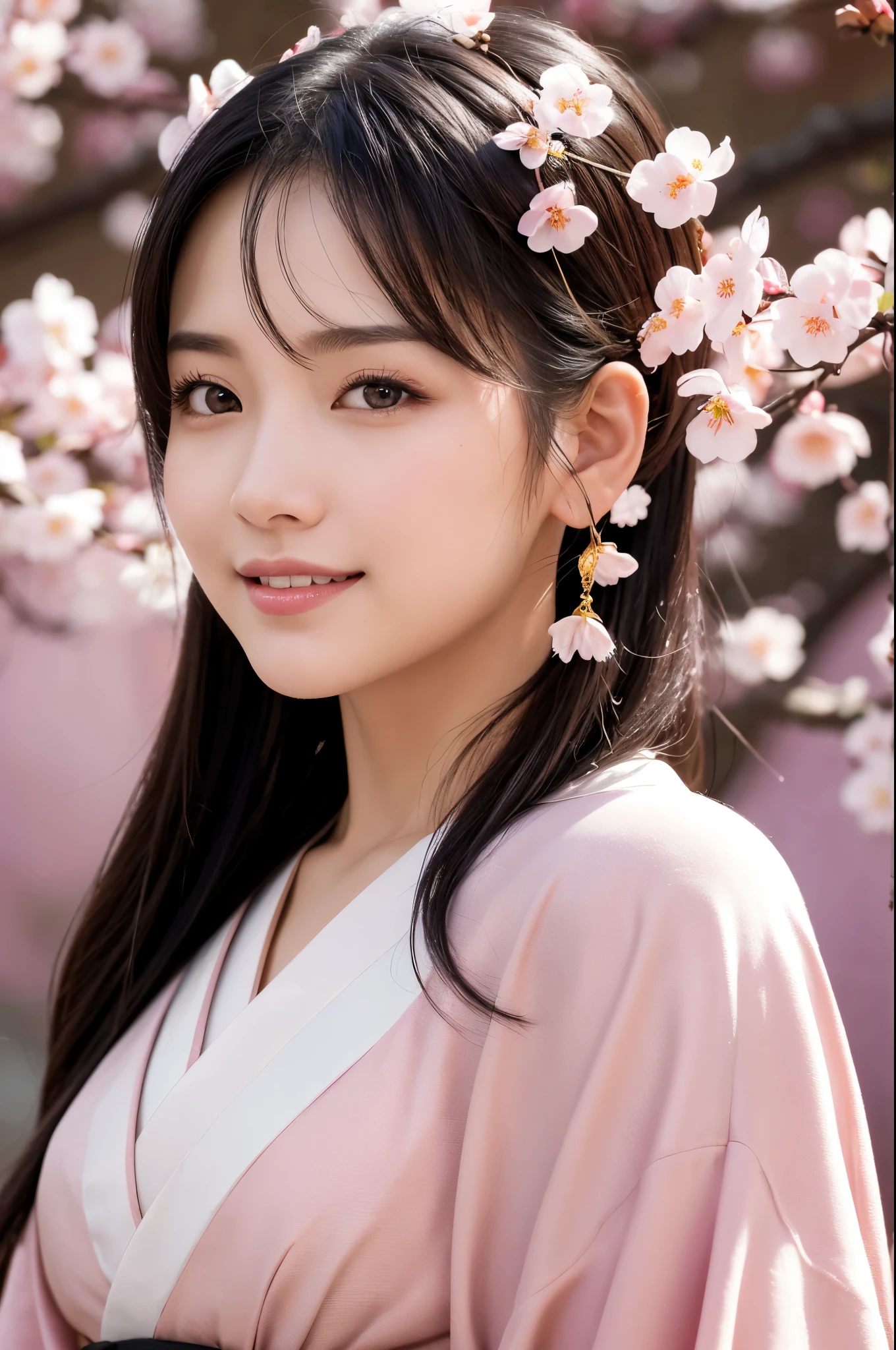8K.A black-haired woman looking at the rows of cherry blossom trees,Super Beauty(Like the real thing),A woman wearing a kimono with a cherry blossom design,Her hair is tied up and she is wearing a cherry blossom hairpin.,Beautiful expression,Messy, I am proud, Absurd, Royalty, celebration, Room decorated with flowers, Cowboy Shot, Portraiture, (highest quality), (Tabletop), (Very detailed), masterpiece,highest qualityのフォトリアリスティックなRAW写真。Backlight, Cinema Lighting, Film Grain, to be born, 50mm lens, Nikon D850,Ultra-Realistic Skin,Fantasy art,Character Art,Ultra-high resolution,Muscular and slender body type,Perfect hands,compensate,Bust shot close-up,Pink Rouge,smile,