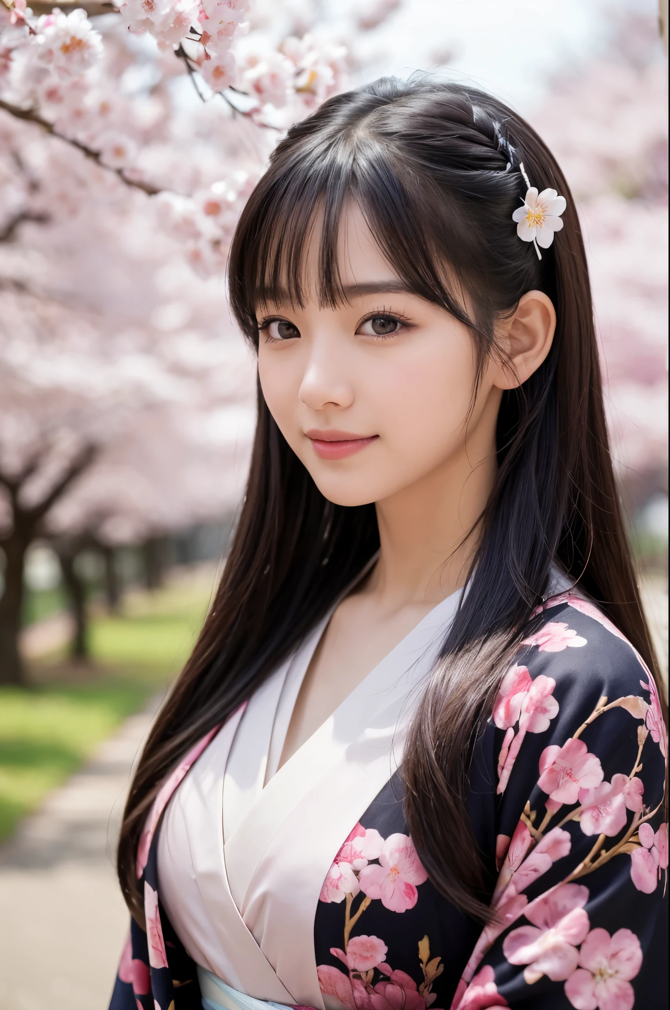 8K.A black-haired woman looking at the rows of cherry blossom trees,Super Beauty(Like the real thing),A woman wearing a kimono with a cherry blossom design,Her hair is tied up and she is wearing a cherry blossom hairpin.,Beautiful expression,Messy, I am proud, Absurd, Royalty, celebration, Room decorated with flowers, Cowboy Shot, Portraiture, (highest quality), (Tabletop), (Very detailed), masterpiece,highest qualityのフォトリアリスティックなRAW写真。Backlight, Cinema Lighting, Film Grain, to be born, 50mm lens, Nikon D850,Ultra-Realistic Skin,Fantasy art,Character Art,Ultra-high resolution,Muscular and slender body type,Perfect hands,compensate,Bust shot close-up,Pink Rouge,smile,
