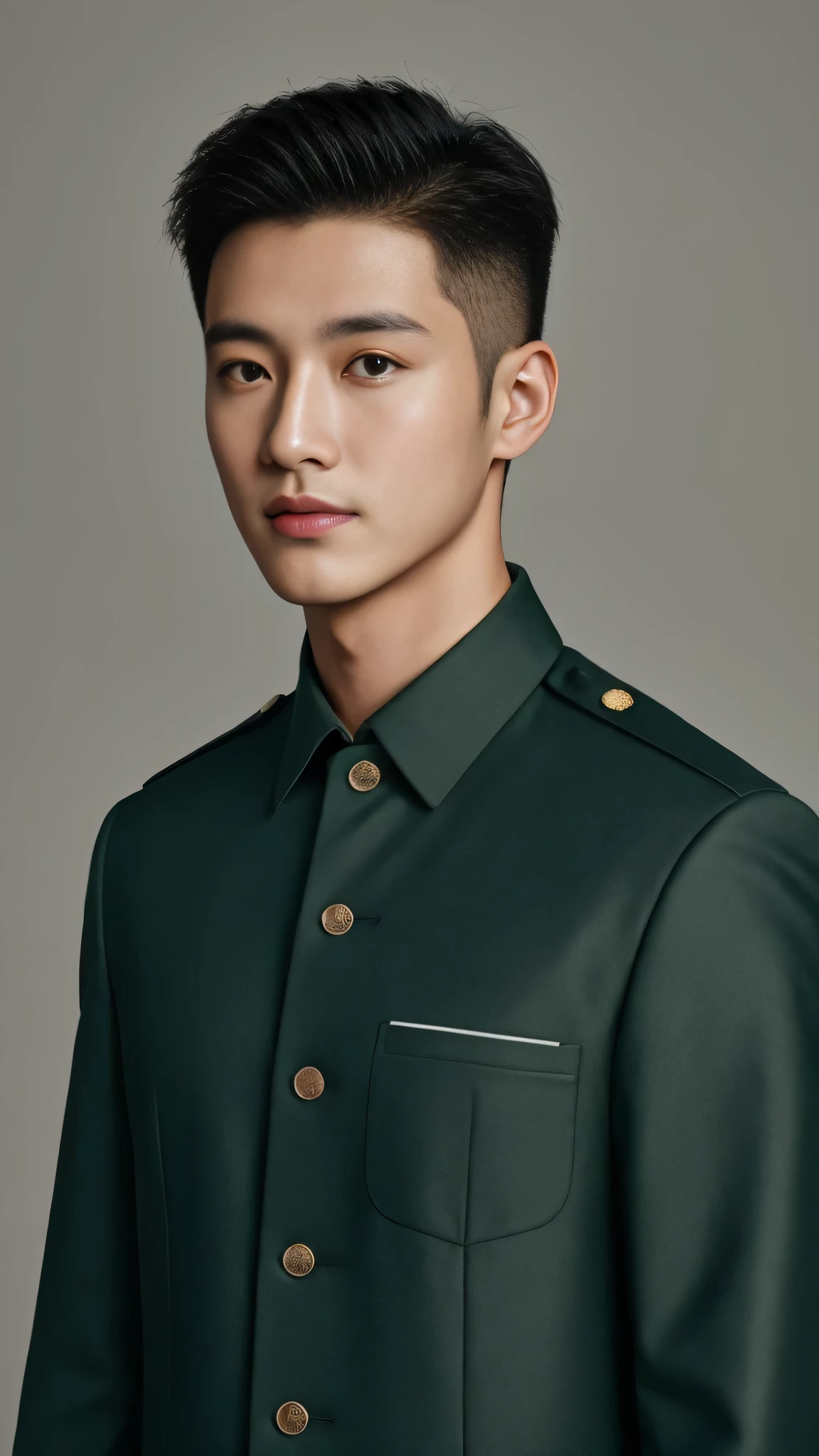 4k, (masterpiece), best of quality, 2d, arafed man in a posing for a picture, Wearing Uniform,, Embroidered uniform guard, Wearing military uniform, yanjun chengt, Dressed in full military green, officer, Unified background, Wearing a general\of,Upper body unobstructed photos,Green Clothing,Holding red words,Full face photo,Handsome hairstyle,Tough Guy