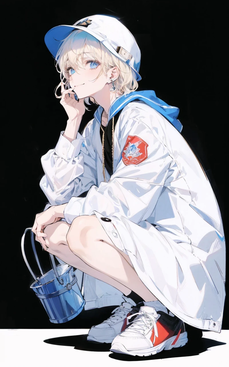 Masterpiece, absurdres, fine detail, HDR, solo, looking at viewer, smile, shirt, blonde hair, 1boy, hair between eyes, jewelry, jacket, golden eyes, upper body, male focus, earrings, necklace, ear piercing, FH , lightning mage, toned, lightning mage robe, electrical aura, early 20s,