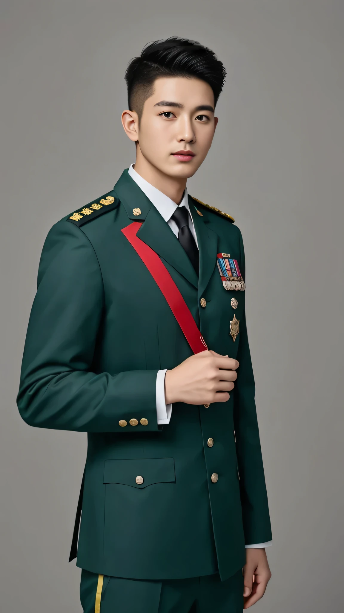 4k, (masterpiece), best of quality, 2d, arafed man in a posing for a picture, Wearing Uniform,, Embroidered uniform guard, Wearing military uniform, yanjun chengt, Dressed in full military green, officer, Unified background, Wearing a general\of,Upper body unobstructed photos,Green Clothing,Holding red words,Full face photo,Handsome hairstyle,Tough Guy