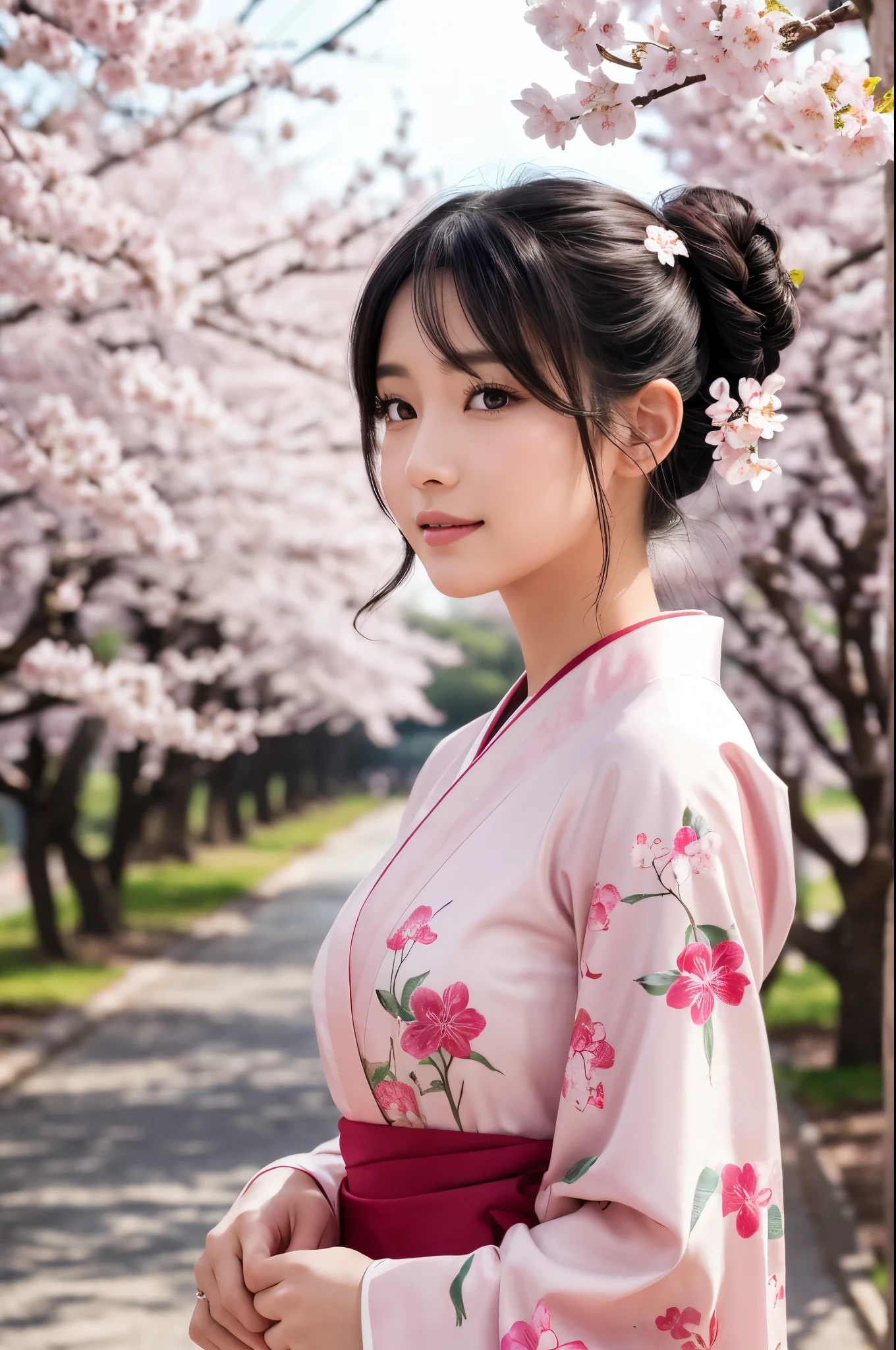 8K.A black-haired woman looking at the rows of cherry blossom trees,Super Beauty(Like the real thing),A woman wearing a kimono with a cherry blossom design,Her hair is tied up and she is wearing a cherry blossom hairpin.,Beautiful expression,Messy, I am proud, Absurd, Royalty, celebration, Room decorated with flowers, Cowboy Shot, Portraiture, (highest quality), (Tabletop), (Very detailed), masterpiece,highest qualityのフォトリアリスティックなRAW写真。Backlight, Cinema Lighting, Film Grain, to be born, 50mm lens, Nikon D850,Ultra-Realistic Skin,Fantasy art,Character Art,Ultra-high resolution,Muscular and slender body type,Perfect hands,compensate,Bust shot close-up,Pink Rouge,smile,Looking up at the cherry blossoms,