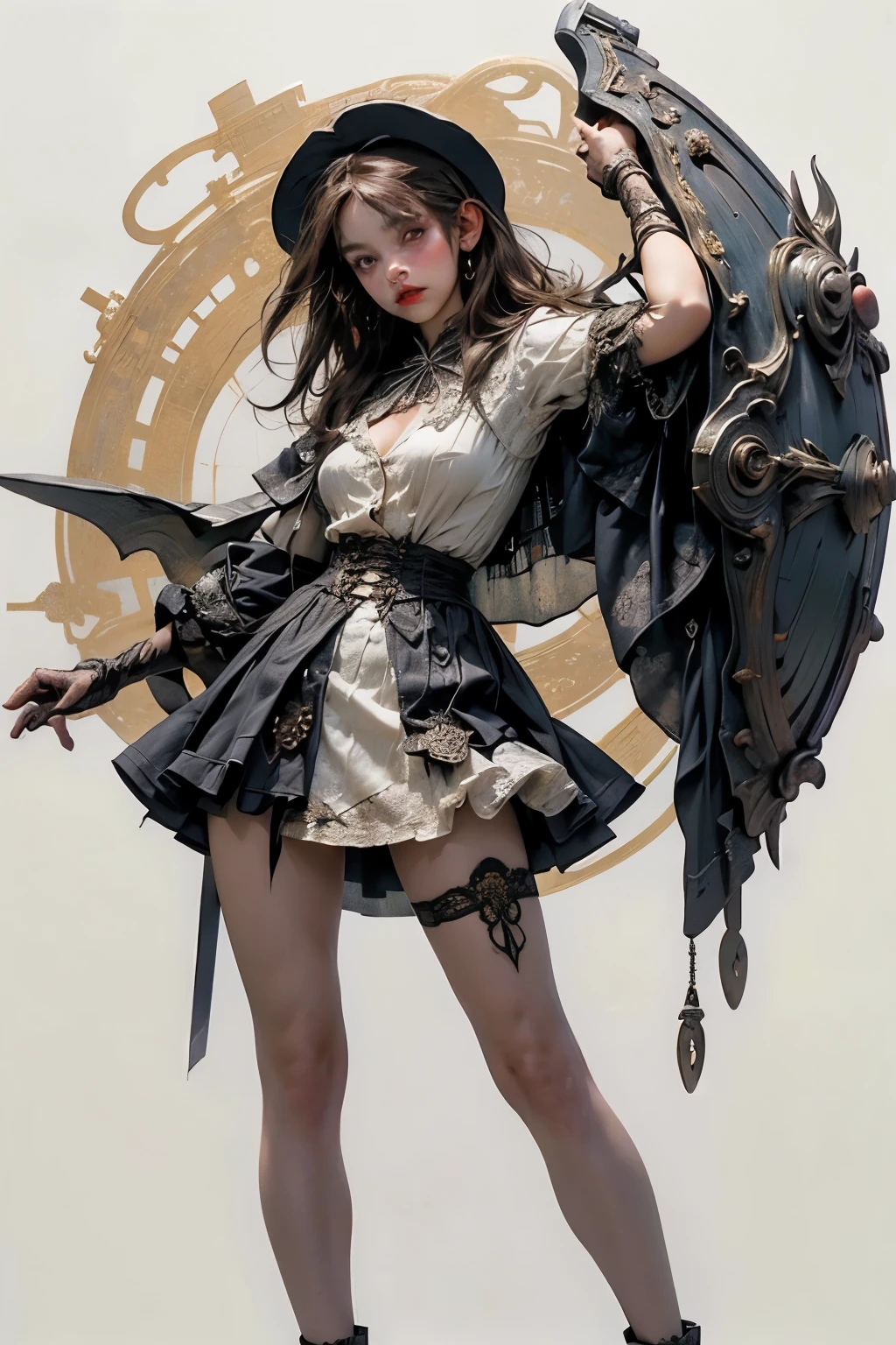 ((best quality)), ((masterpiece)), (detailed), perfect face ((best quality)), ((masterpiece)), (detailed), blank white background, plain background, white background, Bloodborne inspired, occult aesthetic, occult, detailed and intricate steampunk and detailed gothic, (zentangle, mandala, tangle, entangle), NSFW, torn clothing, Very dramatic and cinematic lighting, cosmic horror, grim-dark, side-lighting, perfect face, a beautiful goddess adorned and enshrined in armour, Bloodborne inspired , occult aesthetic , occult , detailed and intricate steampunk and detailed gothic , wielding a sword and holding a shield, NSFW, Fluttering lace flared short dress with frilly petticoats, knee length dress, pleated petticoats, ta dress, petticoats gothic loliside-lighting, gothic lolita aetic, beautiful small breasts, small breasts, full body, whole body, body, plain background, white background, blank background, no background, white background NSFW, full body, whole body, head-to-toe