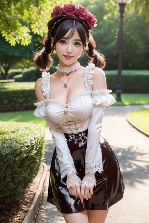 (nsfw), sexy stylish Japanese model, only 1 female, ((doll-like appearance)), short Mahogany stylish hair, ((shiny Victorian-Style boots)), (big smile), ultra detailed eyes, vivid eye makeup, lip-gloss, long lashes, defined eyebrows, ((sexy Paradise Kiss cosplay)), bell-shaped skirt, petticoats, high neckline, puffed sleeves, ((ultra detailed lace)), ((ultra detailed embroidery)), intricate details, Paradise Kiss accessoires and matching headpiece, choker, ((large sparkling Paradise Kiss jewelry)), cinematic light, detailed large park background with trees
