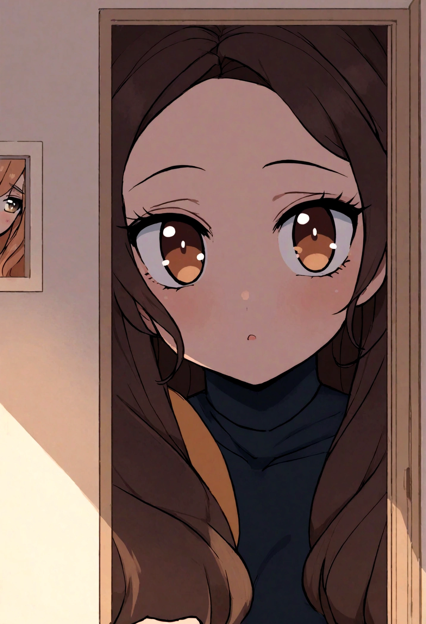 Arafed woman in black clothes, Sexy girl with brown eyes, Portrait of Sophie Mudd, brown hair and big eyes, selfie of a young woman, eyes in the bedroom, Violet Myers, without makeup, Natural makeup, looking straight into the camera, face with artgram, subtle makeup, Stunning full body shot, on the balcony, behind the mountain, split