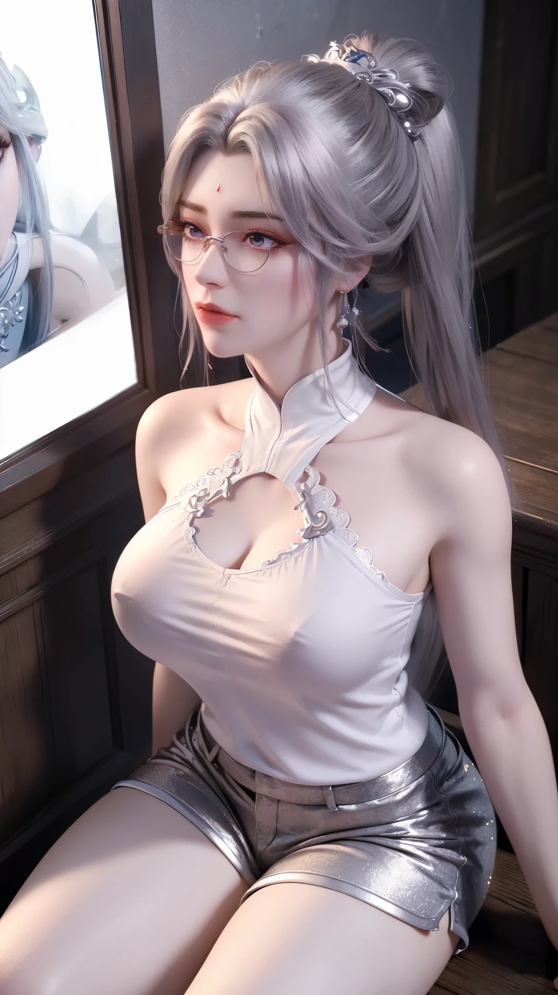 a white hair、Close-up of miss wearing white mask, Beautiful character painting, guweiz, Gurwitz-style artwork, White-haired god, author：Yang Jie, Epic and beautiful character art, Stunning character art, author：Fan Qi, by Wuzhun Shifan, pixiv Art Street Guviz, Single ponytail, insult, High Ponytail, Tall and big, Long legs, (sleeveless lace shirt), (shorts), (Striped )), ((Striped )), Walk, elegant, dignified, miss, Beautiful curves, sweet smile, Strong sense of detail and layering, color丰富绚丽, Has a unique texture, rich and colorful, color, vivid, Design Art, 16K, Super detailed, {{illustration}}, {Extremely refined}, {Exquisite surface treatment}, Super detailed, Delicate and shining eyes, {{Light}}, 极致Light效果, Model: realism, CFG size: 12, Laura: Bright texture (1.35), high quality, masterpiece, Exquisite facial features, Delicate hair depiction, Detailed depiction of the eyes, masterpiece, best quality, Light線追蹤, Extremely detailed CG unified 8k wallpaper, masterpiece, best quality, (1 girl), 完美miss身材, (((tight white t shirt))), beautiful eyes, (Delicate face), Black short hair, Tie your hair up, Light blue hairpin, Black silk frame glasses, in class, (White skin), (Optimal Lighting), (Super intricate details), 4k unity, (Super detailed CG), Showing off her white legs, , Hot Pants, shorts,