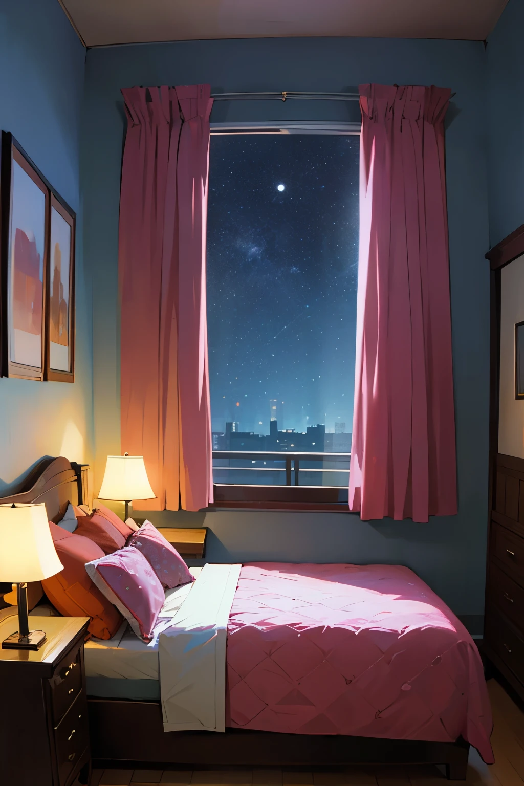warm colorful room night bed window horizontal front view 2d art