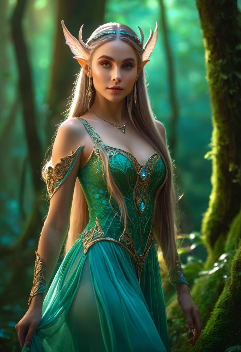 a beautiful elf girl, intricate fantasy elf character, pointed ears, elegant long hair, mystical glowing eyes, delicate facial features, ethereal skin, flowing dress, graceful pose, lush forest background, magical glowing mushrooms, fantasy landscape, cinematic lighting, detailed ornate details, vibrant colors, (best quality,4k,8k,highres,masterpiece:1.2),ultra-detailed,(realistic,photorealistic,photo-realistic:1.37)