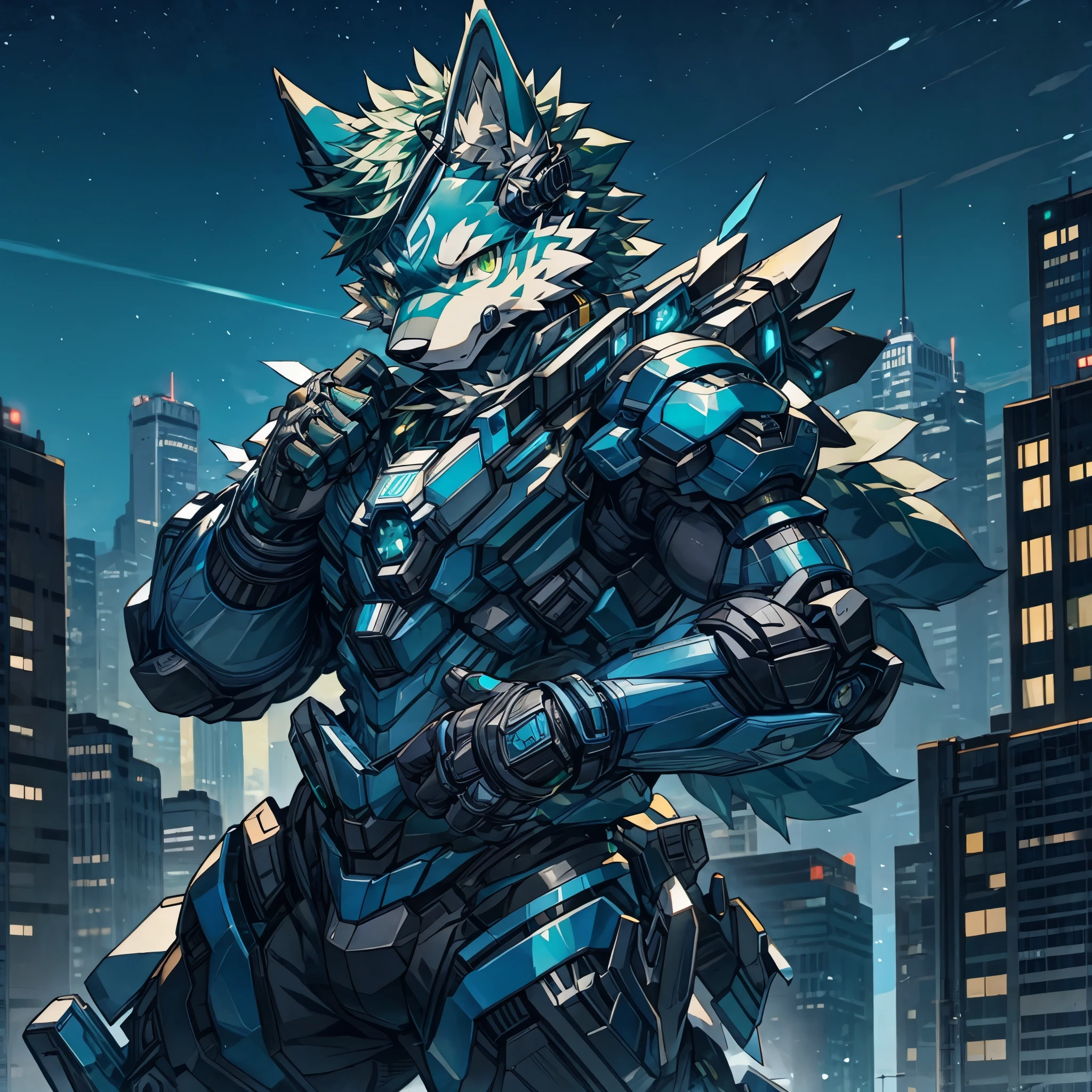 masterpiece,High quality,(Blue cyborg wolf),green eye,city,night,perfect background