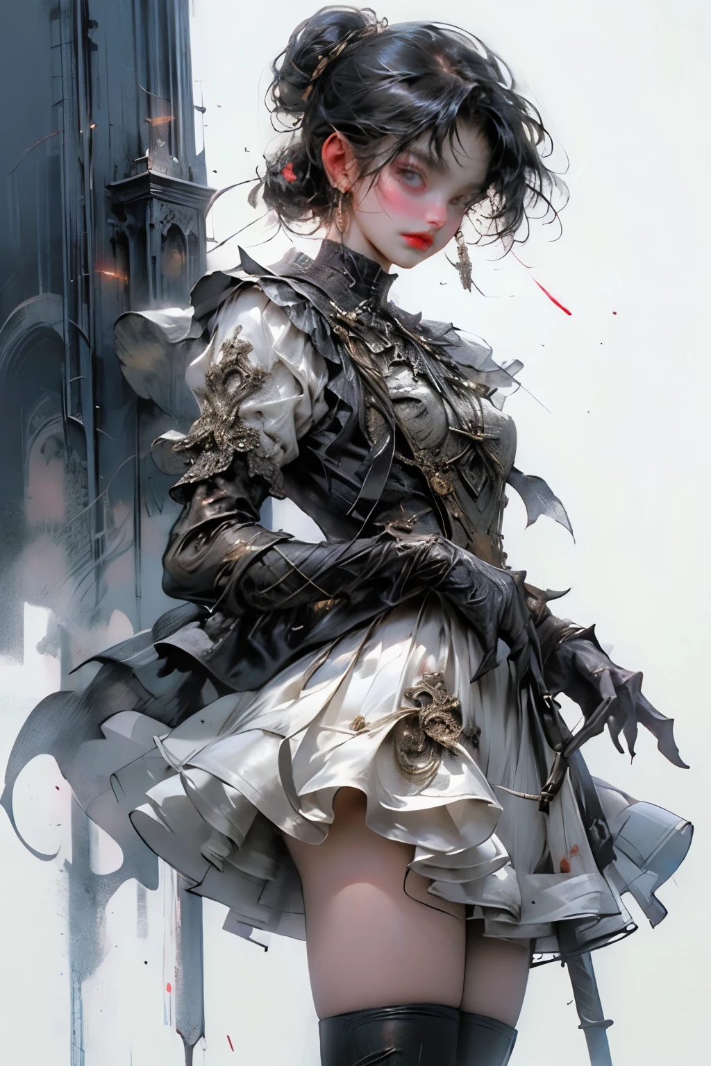 ((best quality)), ((masterpiece)), (detailed), perfect face ((best quality)), ((masterpiece)), (detailed), blank white background, plain background, white background, Bloodborne inspired, occult aesthetic, occult, detailed and intricate steampunk and detailed gothic, (zentangle, mandala, tangle, entangle), NSFW, torn clothing, Very dramatic and cinematic lighting, cosmic horror, grim-dark, side-lighting, perfect face, a beautiful goddess adorned and enshrined in armour, Bloodborne inspired , occult aesthetic , occult , detailed and intricate steampunk and detailed gothic , wielding a sword and holding a shield, NSFW, Fluttering lace flared short dress with frilly petticoats, knee length dress, pleated petticoats, lolita dress, petticoats gothic lolita, side-lighting, gothic lolita aesthetic, beautiful small breasts, small breasts, full body, whole body, body, plain background, white background, blank background, no background, white background NSFW, full body, whole body, head-to-toe