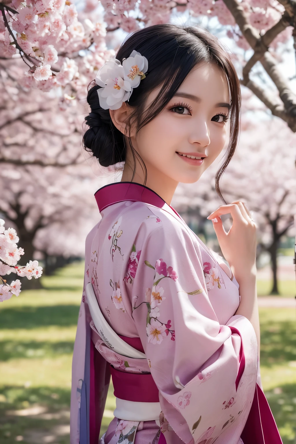 8K.A black-haired woman looking at the rows of cherry blossom trees,Super Beauty(Like the real thing),A woman wearing a kimono with a cherry blossom design,Her hair is tied up and she is wearing a cherry blossom hairpin.,Beautiful expression,Messy, I am proud, Absurd, Royalty, celebration, Room decorated with flowers, Cowboy Shot, Portraiture, (highest quality), (Tabletop), (Very detailed), masterpiece,highest qualityのフォトリアリスティックなRAW写真。Backlight, Cinema Lighting, Film Grain, to be born, 50mm lens, Nikon D850,Ultra-Realistic Skin,Fantasy art,Character Art,Ultra-high resolution,Muscular and slender body type,完璧なhand,compensate,Bust shot close-up,Pink Rouge,smile,hand,