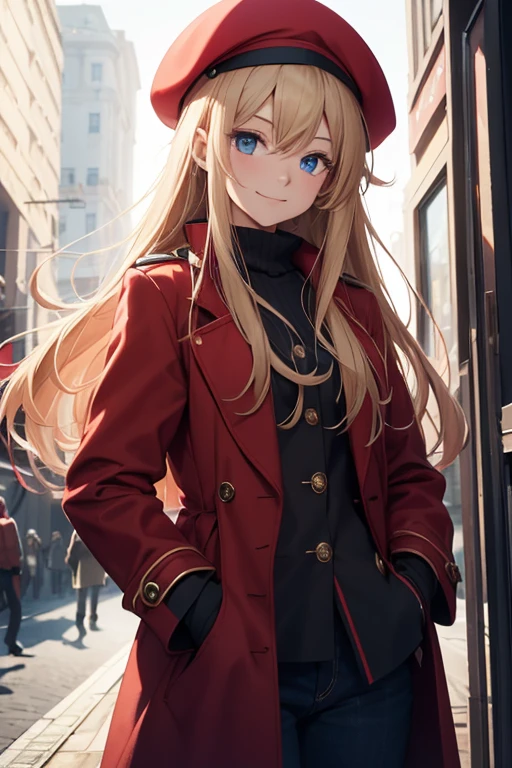 masterpiece, best quality, 1girl, hat, long hair, solo, red headwear, blue eyes, long sleeves, looking at viewer, beret, smile, blonde hair, hand in pocket, red coat, coat, closed mouth, long flowing hair, hair between eyes, long overcoat, red overcoat, black long pants, border, open clothes