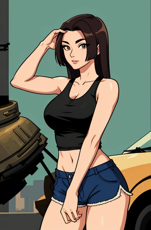 A 28 year old Taiwanese woman wearing a tank top and mini shorts, mechanic, oil