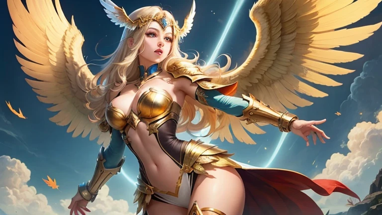 best quality)), ((masterpiece)), (detailed), Top quality、Top image quality、masterpiece,Perfect body,Full body shot,Close-up of a woman wearing a golden costume with wings, Angel Gold Armor, majestic angel, angel knight girl, Final Fantasy Tactics Characters, mystical atlantean valkyrie, as a Mysterious Valkyrie, Blazing Angel, Maple Leaf Story Character Art, With blazing golden wings, Golden Wings, April renderings, Mysterious Valkyrie, Close-up of a woman wearing a golden costume with wings, Best Bust、Optimal waist-hip ratio,Best Body Golden Ratio Concept Art Inspired by PwC, pixiv, Baroque, Angel Gold Armor, majestic angel, angel knight girl, Final Fantasy Tactics Characters, mystical atlantean valkyrie, as a Mysterious Valkyrie, Blazing Angel, Maple Leaf Story Character Art, With blazing golden wings, Golden Wings, Battle with orcs,Photographic lenses,Ultra wide-angle lens,First person,