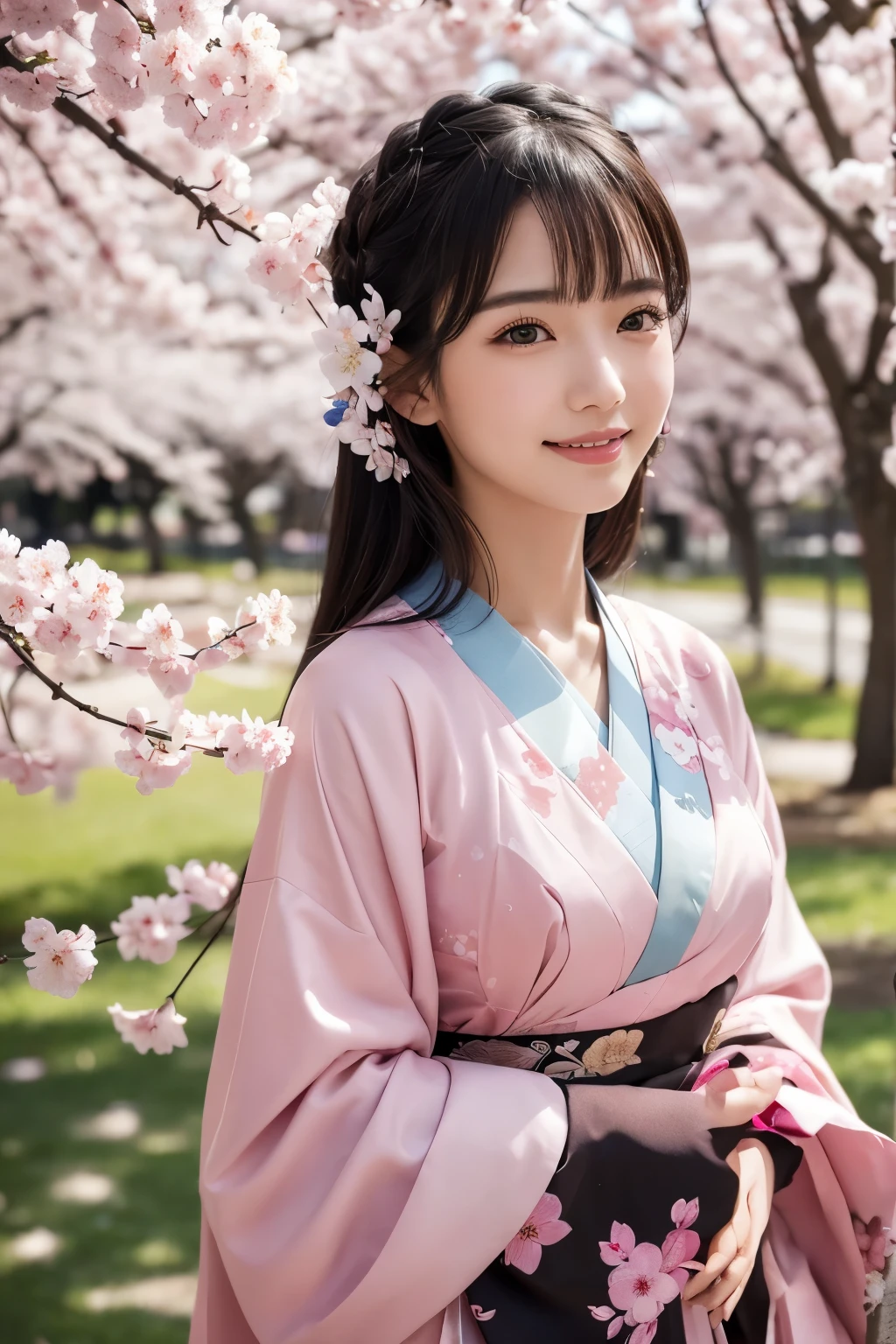 8K.A black-haired woman looking at the rows of cherry blossom trees,Super Beauty(Like the real thing),A woman wearing a kimono with a cherry blossom design,Her hair is tied up and she is wearing a cherry blossom hairpin.,Beautiful expression,Messy, I am proud, Absurd, Royalty, celebration, Room decorated with flowers, Cowboy Shot, Portraiture, (highest quality), (Tabletop), (Very detailed), masterpiece,highest qualityのフォトリアリスティックなRAW写真。Backlight, Cinema Lighting, Film Grain, to be born, 50mm lens, Nikon D850,Ultra-Realistic Skin,Fantasy art,Character Art,Ultra-high resolution,Muscular and slender body type,Perfect hands,compensate,Bust shot close-up,Pink Rouge,smile,Looking up at the cherry blossoms,Cherry blossom petals fluttering,Join hands,