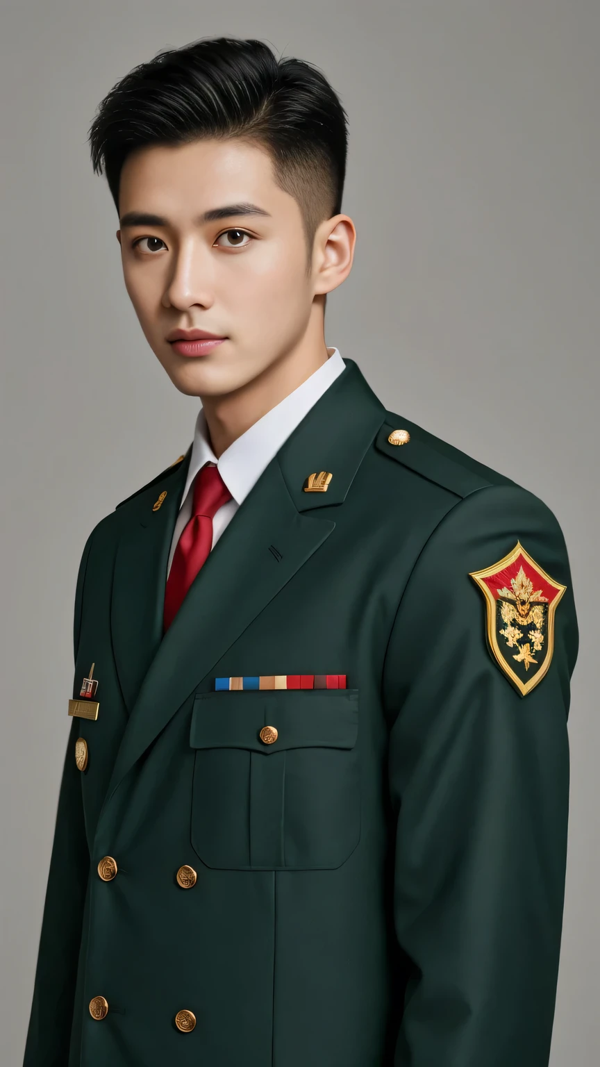 4k, (masterpiece), best of quality, 2d, arafed man in a  posing for a picture, Wearing Uniform,, Embroidered uniform guard, Wearing military , yanjun chengt, Dressed in full military green, officer, Unified background, Wearing a general\of，Upper body unobstructed photos，Green Clothing，Holding a red bouquet，Full face photo，Handsome hairstyle，Tough Guy