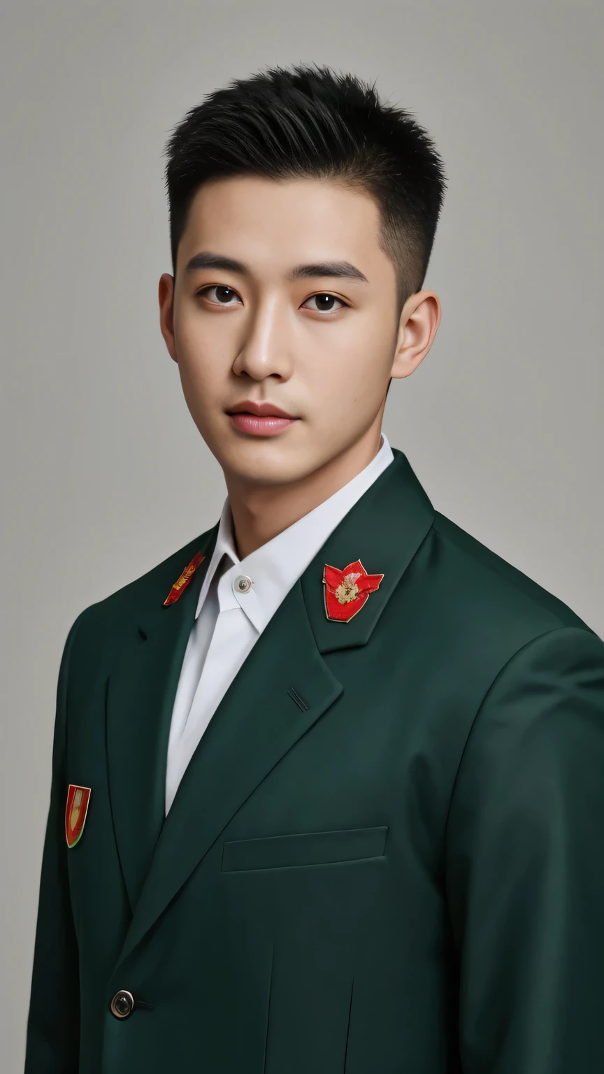 4k, (masterpiece), best of quality, 2d, arafed man in a posing for a picture, Wearing Uniform,, Embroidered uniform guard, Wearing military , yanjun chengt, Dressed in full military green, officer, Unified background, Wearing a general\of,Upper body unobstructed photos,Green Clothing,Holding a red bouquet,Full face photo,Handsome hairstyle,Tough Guy