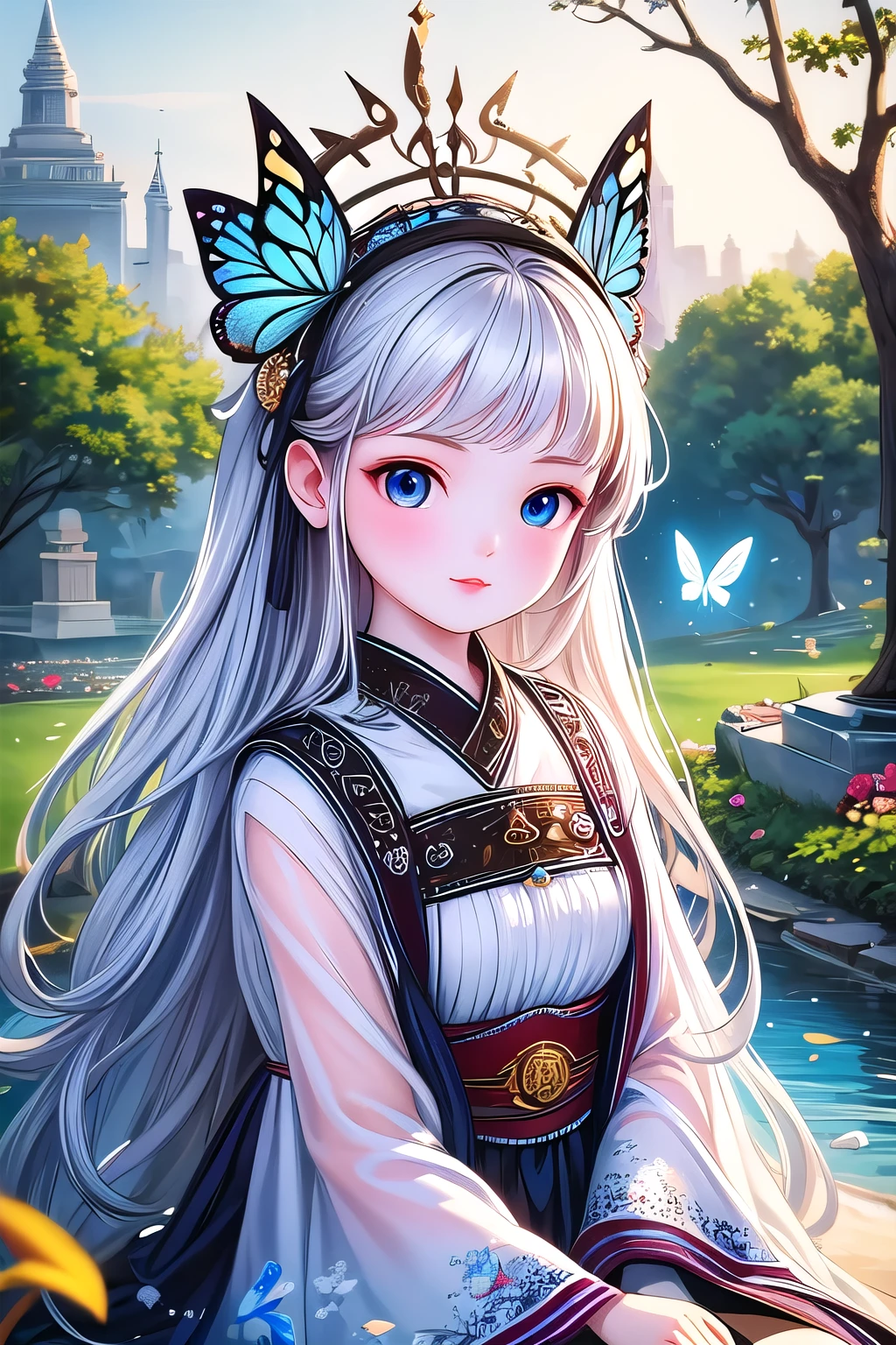 (masterpiece), (best quality), illustration, Super detailed, HDR, Depth of Field, (rich and colorful), ,,This is a masterpiece that exudes exceptional quality. The illustration is ultra-detailed, Using HDR technology to create a sense of depth. The theme is original, Beautifully, 和Beautifully艺术品, Vivid colors，Full of fantasy elements. Girl sitting on the seashore, surrounded by running water, The background is a dark blue world tree, Located in the cemetery. The tranquil and dreamy atmosphere gives the whole scene a soulful and charming temperament. Her pale complexion, Blue eyes sparkling, And silver hair dotted with flowers，It makes for a fascinating portrait. She is wearing ****ta style clothes, Poker face，Mouth tightly shut. Background ranges from white, transparent, Cycle Options, There are also translucent blue butterflies flying around，Adds vitality to the work.