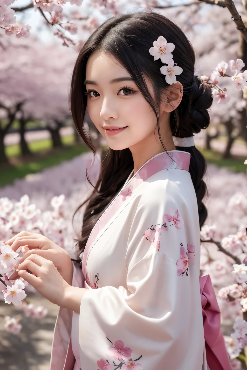 8K.A black-haired woman looking at the rows of cherry blossom trees,Super Beauty(Like the real thing),A woman wearing a kimono with a cherry blossom design,Her hair is tied up and she is wearing a cherry blossom hairpin.,Beautiful expression,Messy, I am proud, Absurd, Royalty, celebration, Room decorated with flowers, Cowboy Shot, Portraiture, (highest quality), (Tabletop), (Very detailed), masterpiece,highest qualityのフォトリアリスティックなRAW写真。Backlight, Cinema Lighting, Film Grain, to be born, 50mm lens, Nikon D850,Ultra-Realistic Skin,Fantasy art,Character Art,Ultra-high resolution,Muscular and slender body type,Perfect hands,compensate,Bust shot close-up,Pink Rouge,smile,Looking up at the cherry blossoms,Cherry blossom petals fluttering,scenery,