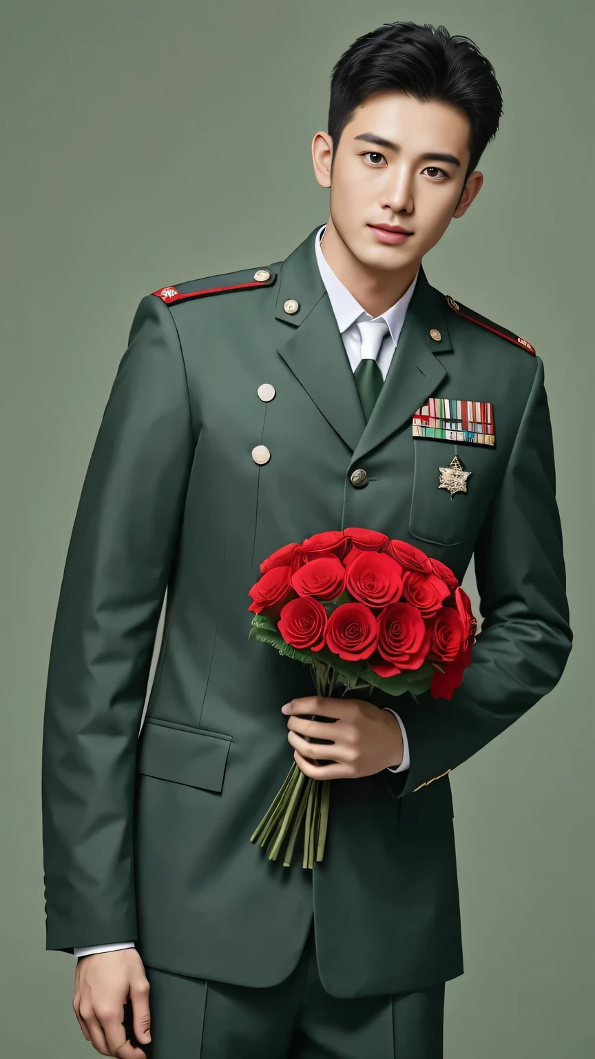 4k, (masterpiece), best of quality, 2d, arafed man in a posing for a picture, Wearing Uniform,, Embroidered uniform guard, Wearing military , yanjun chengt, Dressed in full military green, officer, Unified background, Wearing a general\of,Upper body unobstructed photos,Green Clothing,Holding a red bouquet,Full face photo,Handsome hairstyle,Tough Guy
