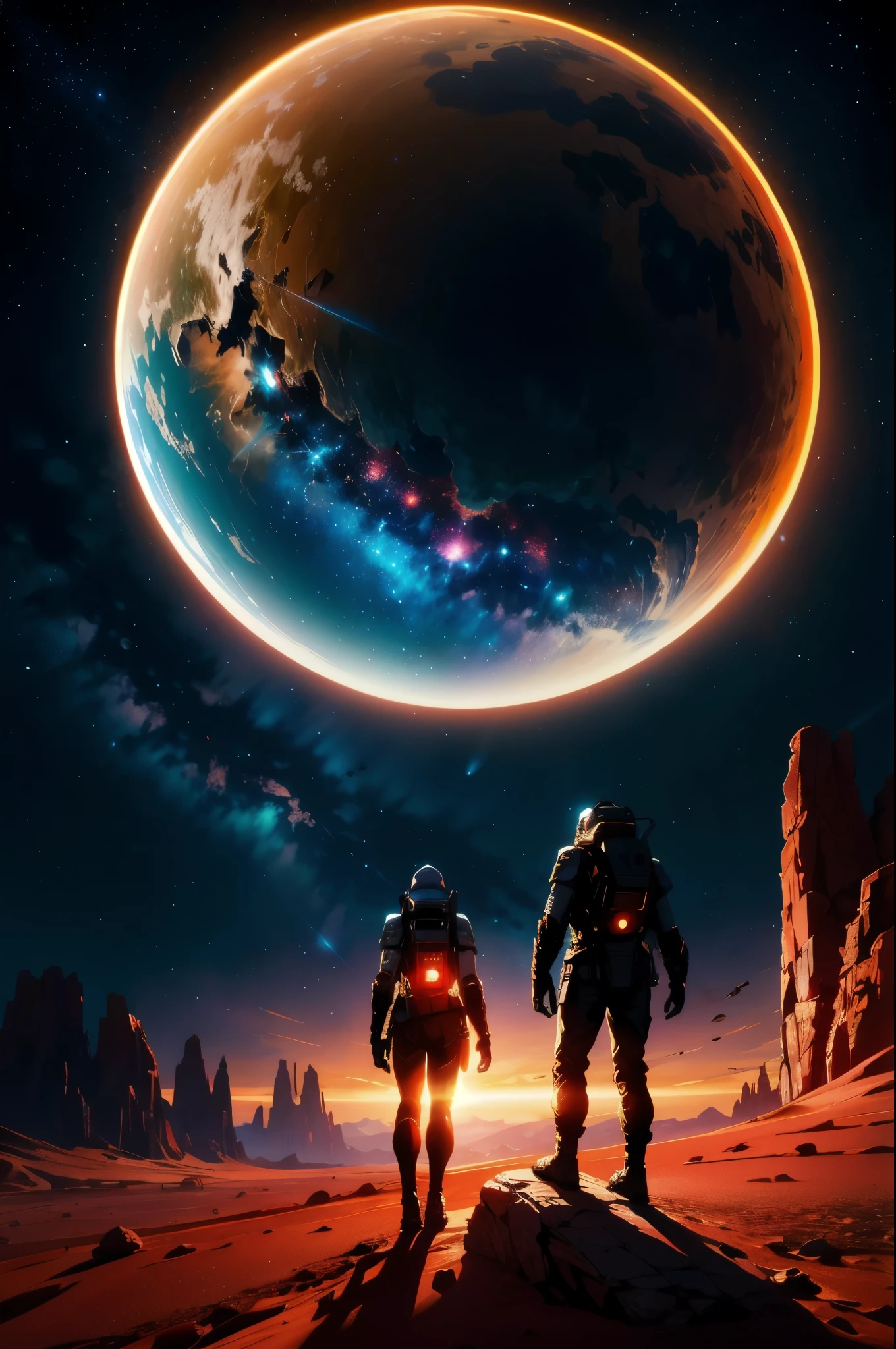Title: Desert Encounter on the Red Planet (Sci-fi Scene)
(Masterpiece, Futuristic Setting, Desert Planet, Starlight Lit, Artistic Style)
A captivating art piece presents a unique science fiction scene, showcasing two characters: a man and a woman, standing against a backdrop of rocky terrain and a star-studded sky. Their silhouettes, illuminated by the soft glow of distant stars, are seen with their backs to the viewer, their hands clasped and gazing towards a sleek, futuristic spacecraft resting on a protruding rock.
The streamlined spacecraft, featuring rounded forms,