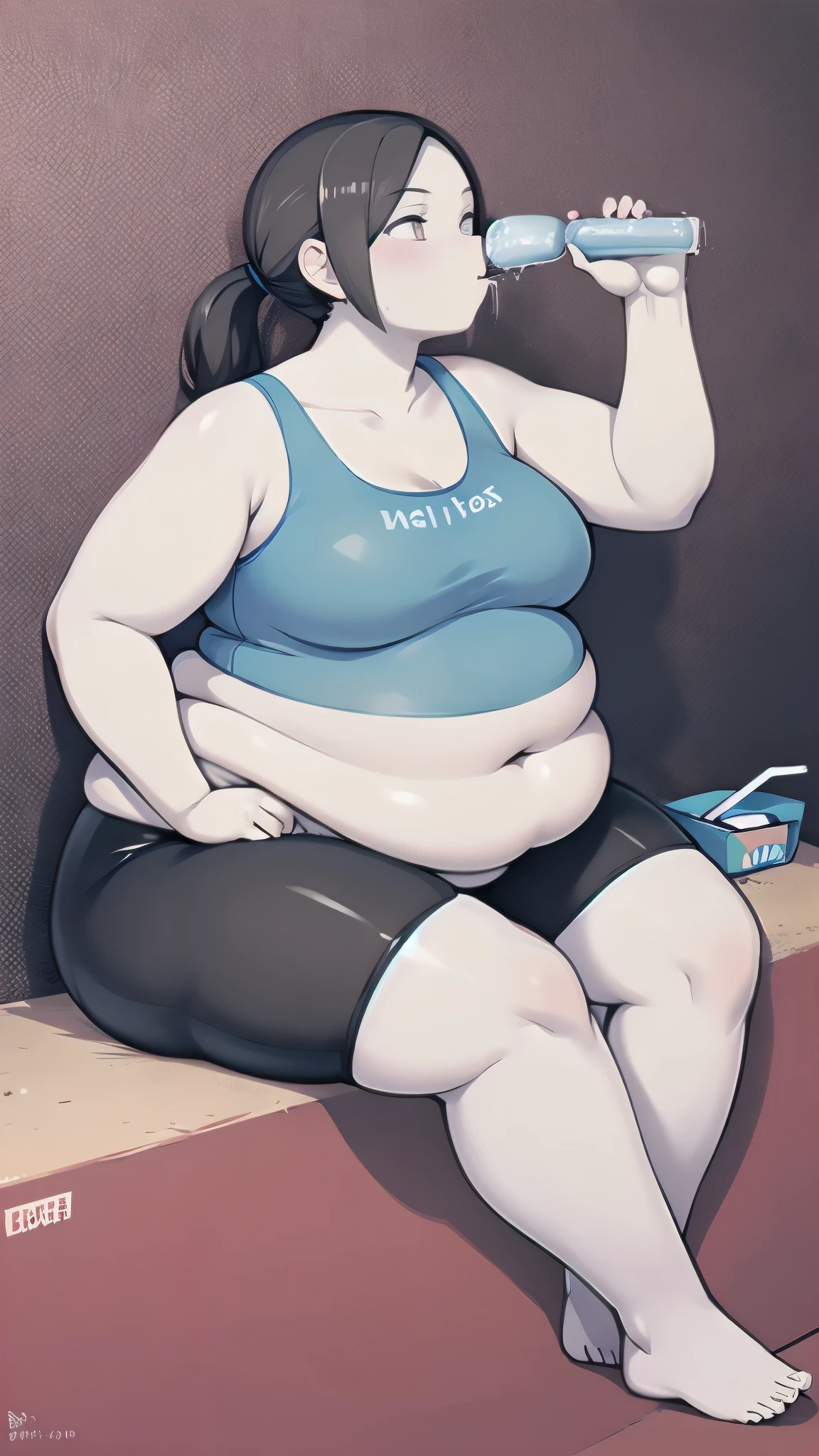 Wii fit trainer, White skin, crop top, ponytail, capri pants, midriff, Yoga sitting position, drinking a milk-shake, fat, fat belly