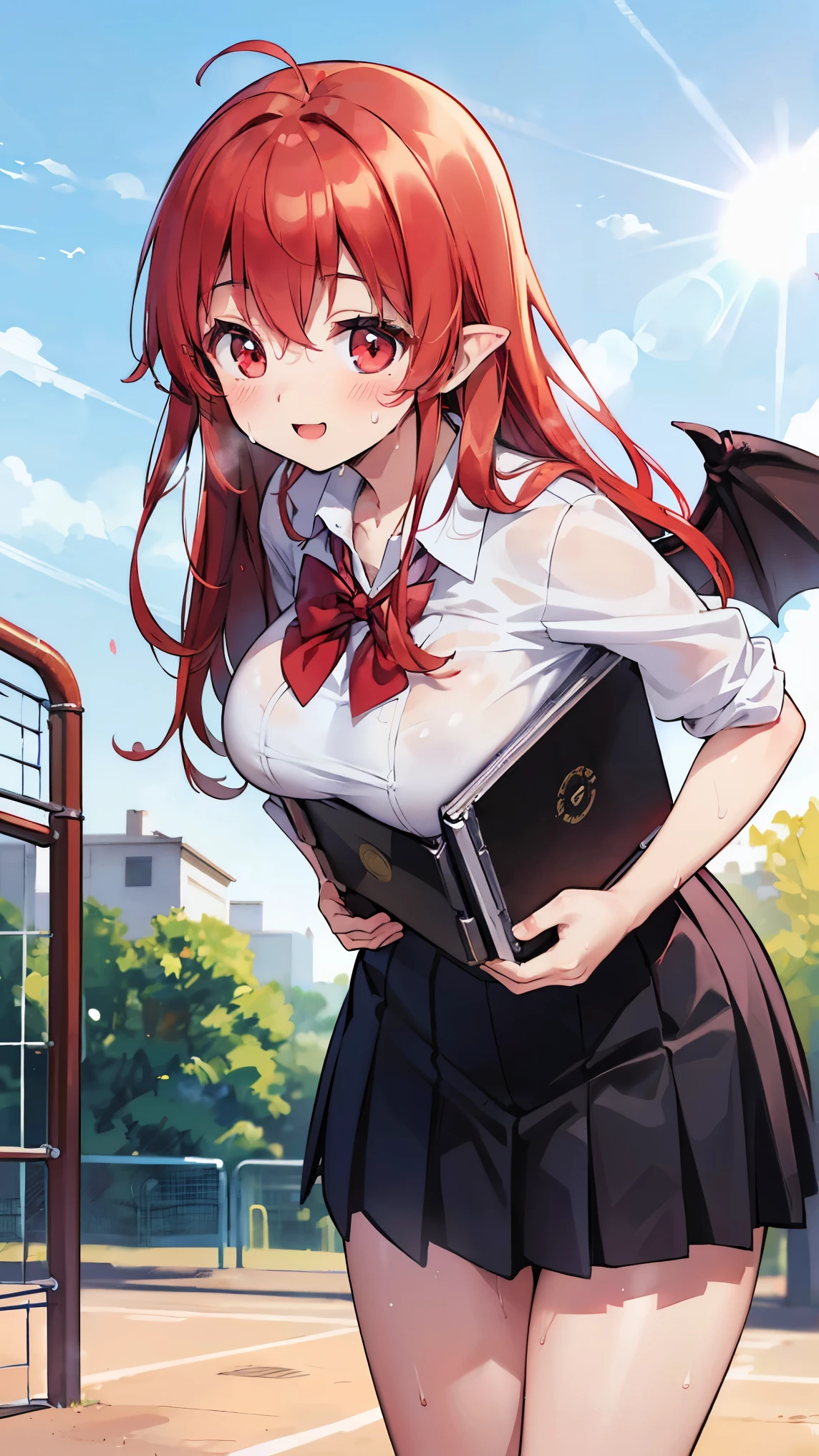 (8k, RAW photo, best quality, masterpiece, highres, absurdres, ultra detailed:1.3), (Photography, realistic, photo-realistic:1.4), (beautiful natural lighting, beautiful deatailed shadow, beautiful detailed glow :1.4),  atmospheric, white background, close up, straight-on, (circle around icon:1.5),

BREAK 1 beautiful girl, (Beauty:1.5),(Chibi:0.5),(kawaii:2.0),(Cool:2.0),((17 year old girl),(Solo:1.65),BREAK, (huge-breasted:1.2,), Clear skin, Beautiful skin, Shy, 1 beautiful woman,Demons,Colossal tits(Hair Bow, Red hair, Long hair, flipped hair, hair messy,Wings of an angel on the back, Demon King's horn on the head:1.2), (Red Eyes, long eyelashes, Double eyelids: 1.2), Shiny skin,de pele branca,dial,(evil smile, blush :1.45), 

BREAK

open mouth
BREAK
(girl wearing red jersey:1.2), (white sneakers:1.1),

BREAK, 
, (background is school playground, holding a binder, standing, Refreshing sunlight, sweat, smile,leaning forward:1.65) ,
BREAK wakame,wakame,wakame,(cowboy shot, from front:1.4),  BREAK manga illustration,manga style, 